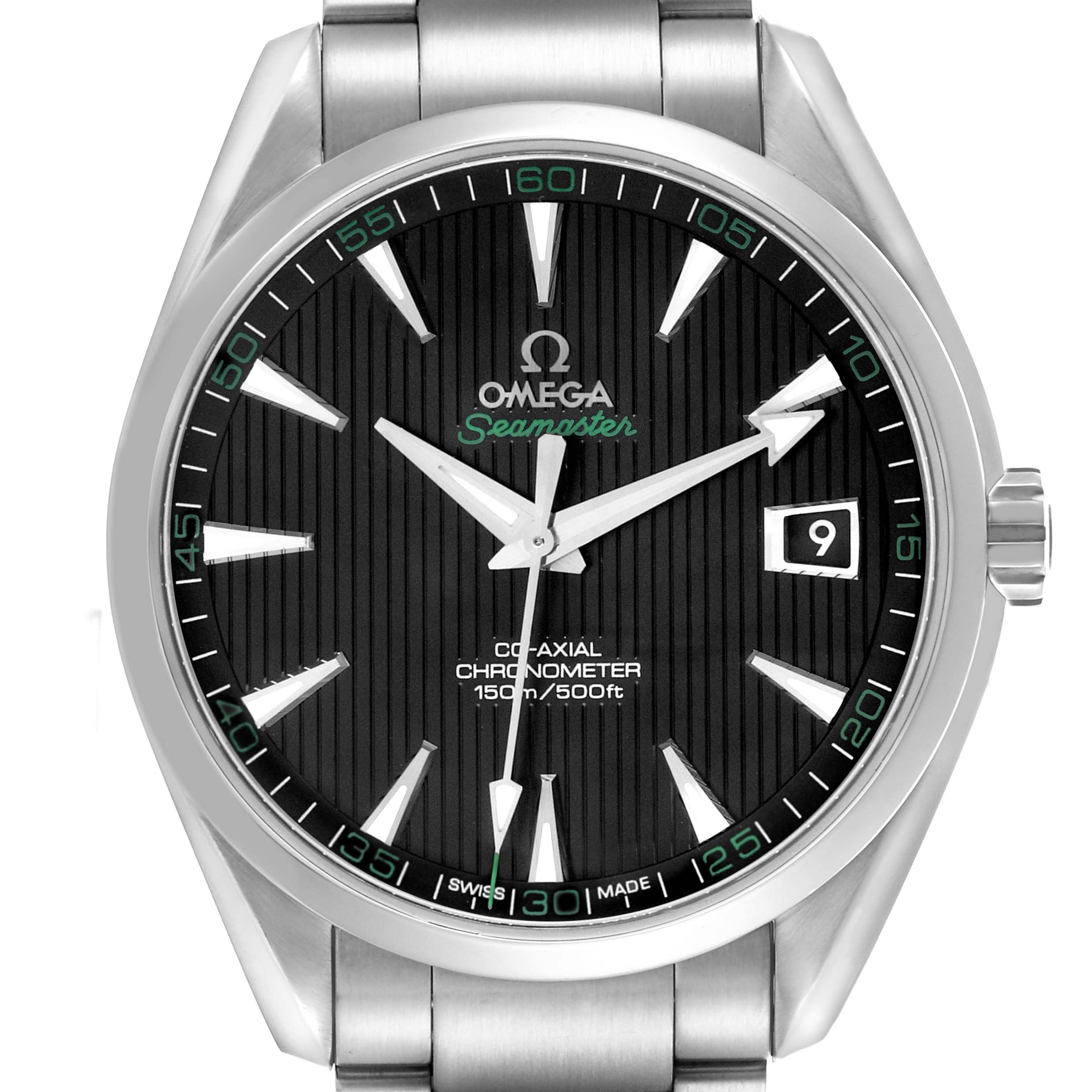 The image shows a front view of the Omega Aqua Terra 231.10.42.21.01.001 Men's Stainless Steel Black Dial 231.10.42.21.01.001 Men's Stainless Steel Black Dial watch, highlighting its dial, bezel, and part of its bracelet.