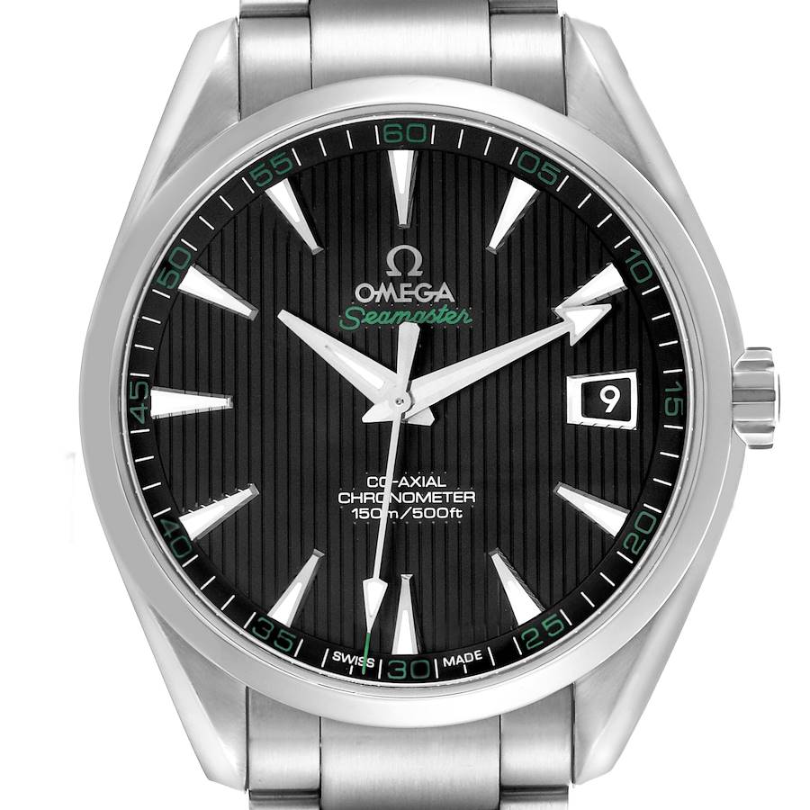 The image shows a front view of the Omega Aqua Terra watch, highlighting its dial, bezel, and part of its bracelet.