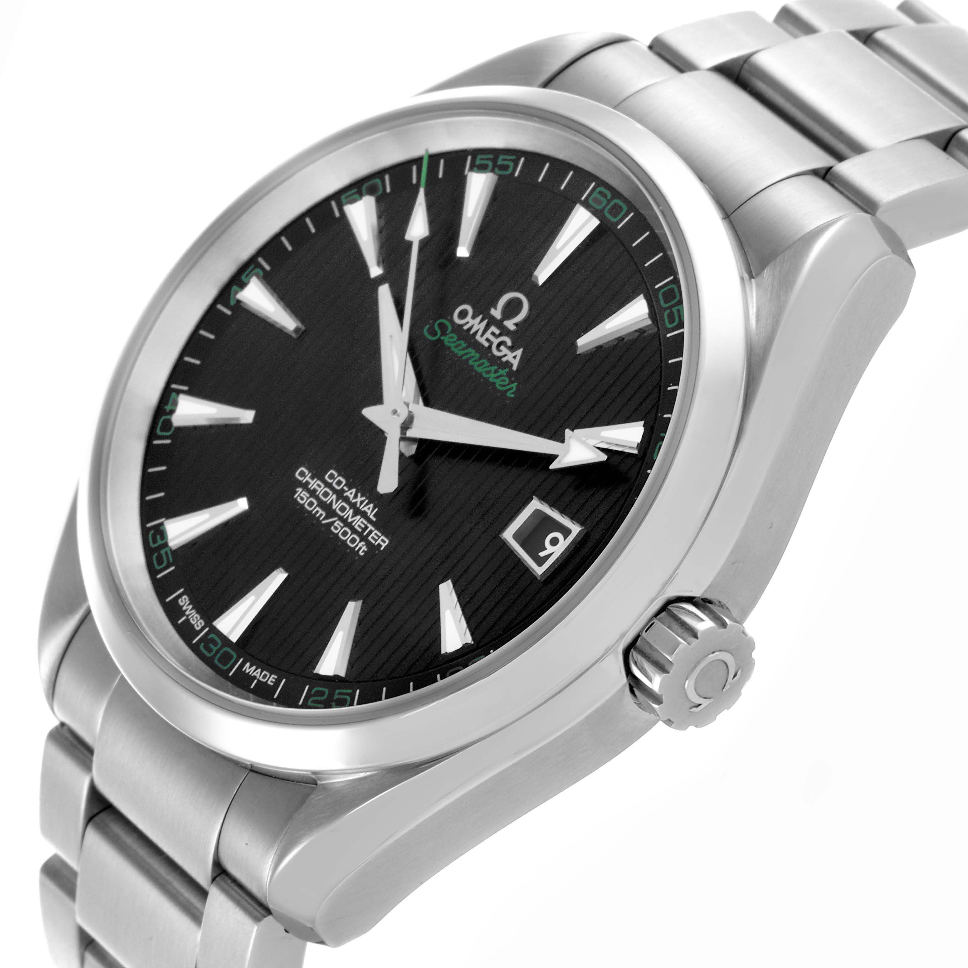 The image shows an Omega Aqua Terra 231.10.42.21.01.001 Men's Stainless Steel Black Dial 231.10.42.21.01.001 Men's Stainless Steel Black Dial watch at an angle highlighting the face, crown, and part of the bracelet.