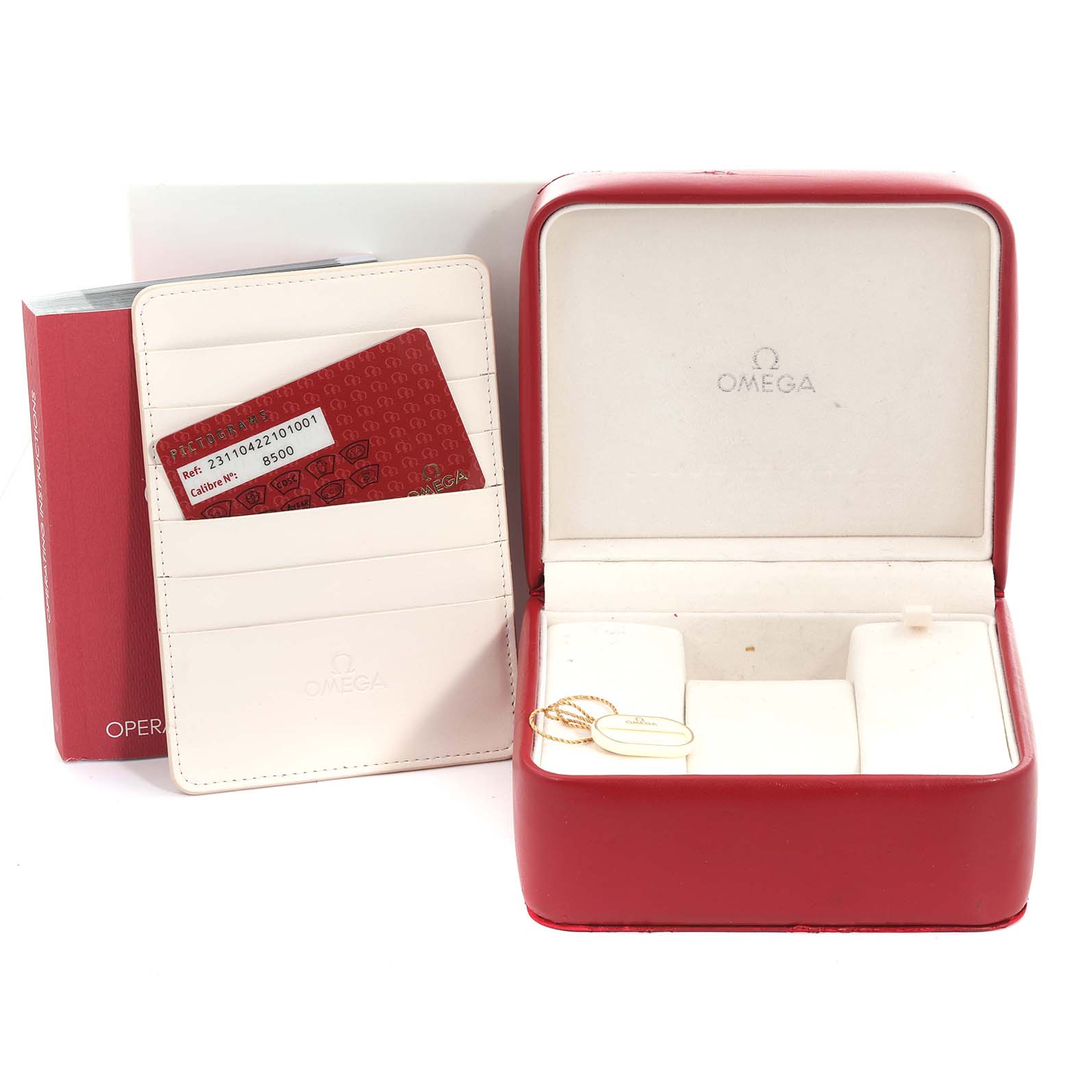 The image shows the packaging and accessories for an Omega Aqua Terra 231.10.42.21.01.001 Men's Stainless Steel Black Dial 231.10.42.21.01.001 Men's Stainless Steel Black Dial watch, including a red box, warranty card, and booklet.