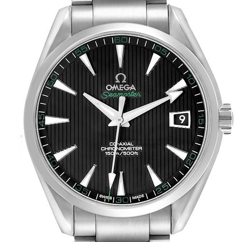 The Omega Aqua Terra watch is shown from a front angle, highlighting the dial, hands, and bracelet.