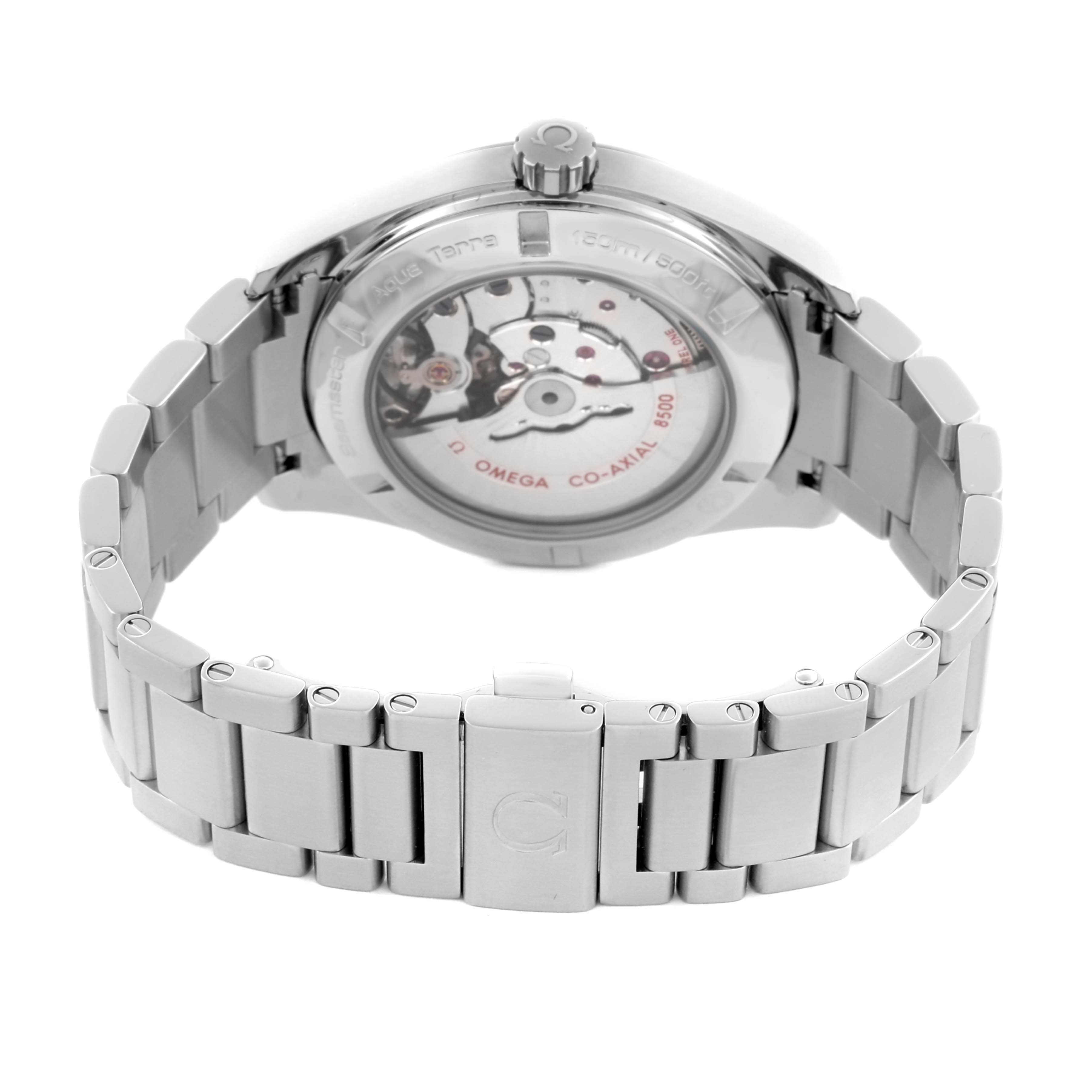 The image shows the back view of the Omega Aqua Terra 231.10.42.21.01.001 Men's Stainless Steel Black Dial 231.10.42.21.01.001 Men's Stainless Steel Black Dial watch, highlighting the exhibition case back and metal bracelet.