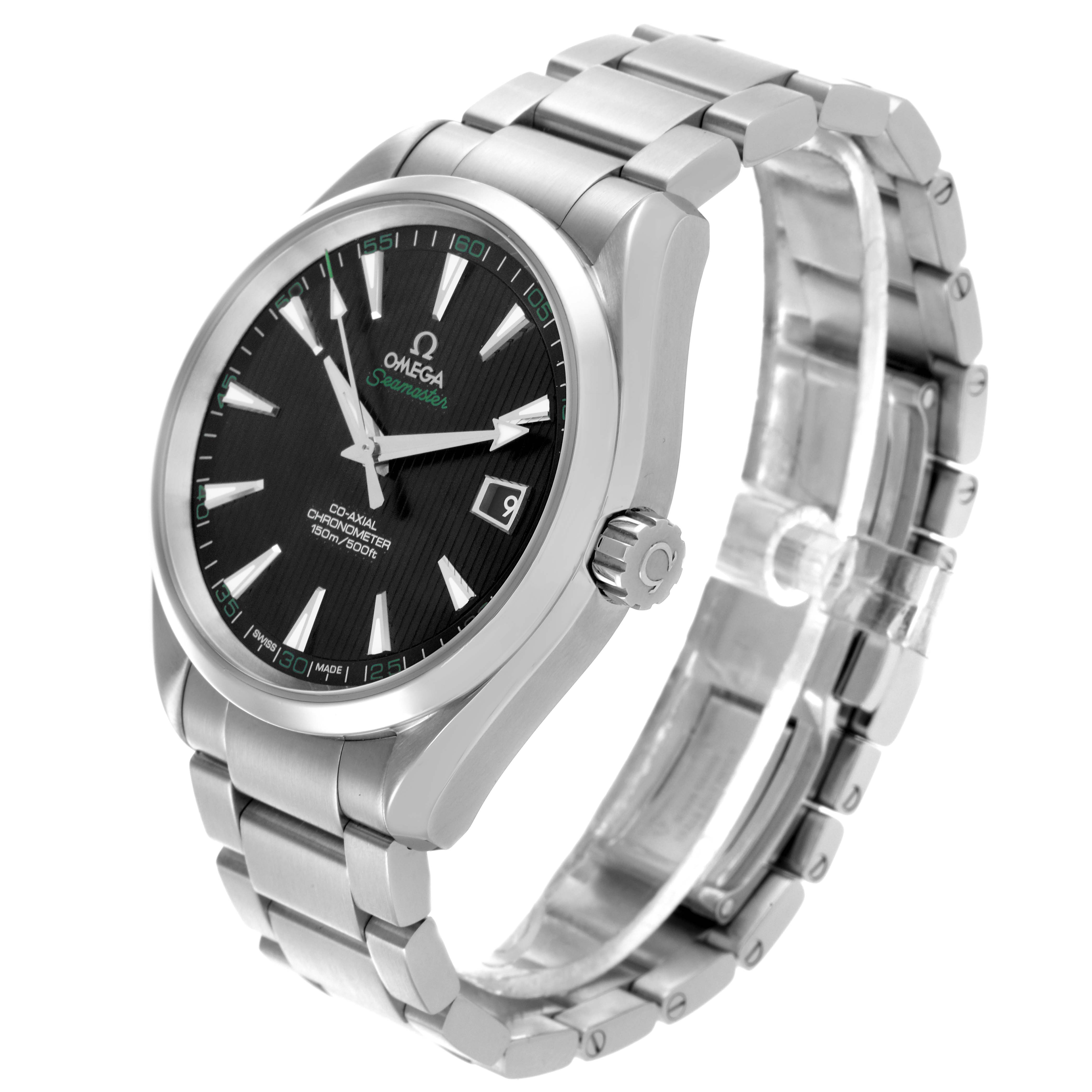 The Omega Aqua Terra 231.10.42.21.01.001 Men's Stainless Steel Black Dial 231.10.42.21.01.001 Men's Stainless Steel Black Dial watch is shown in a three-quarter view, highlighting the face, crown, and stainless steel bracelet.