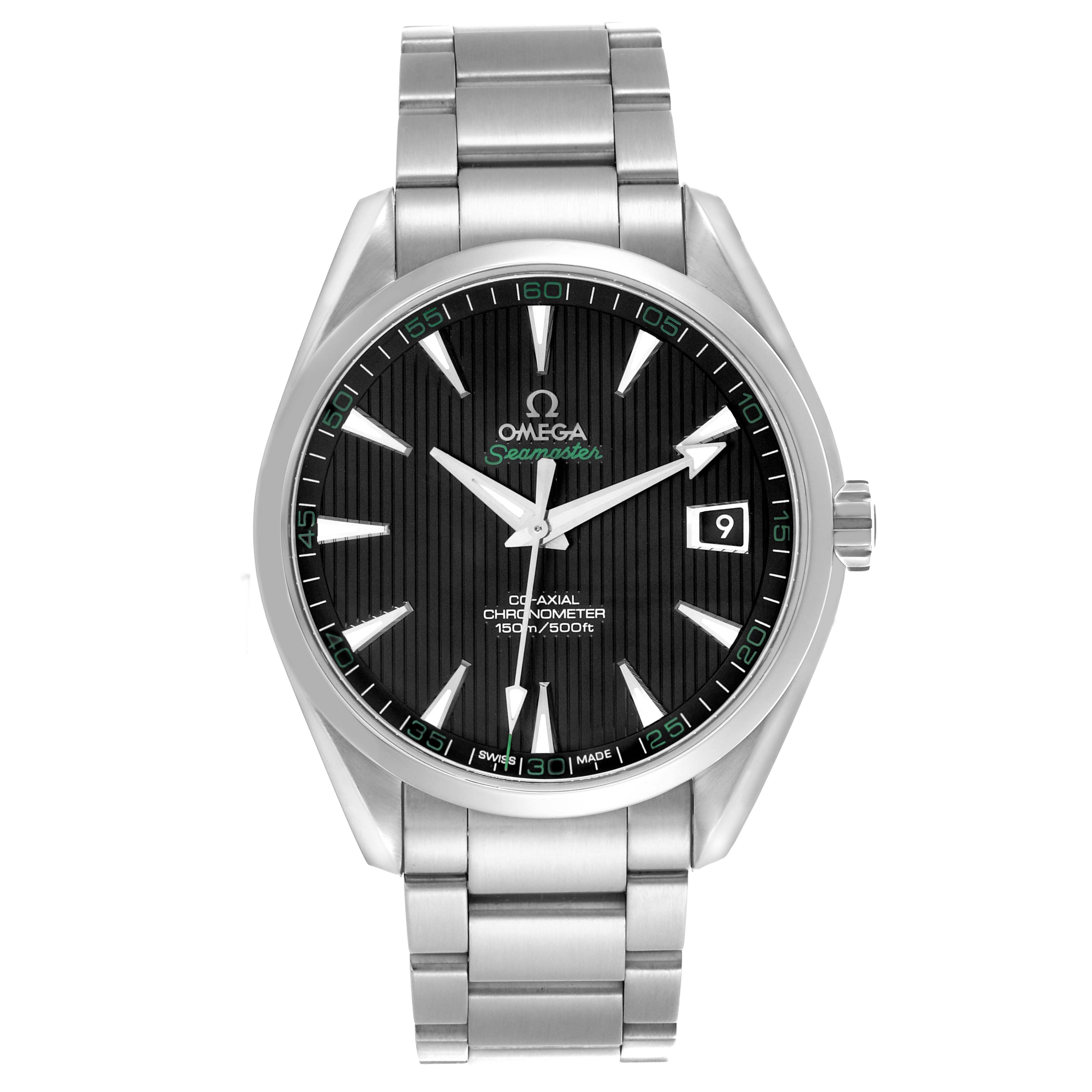 The Omega Aqua Terra 231.10.42.21.01.001 Men's Stainless Steel Black Dial 231.10.42.21.01.001 Men's Stainless Steel Black Dial watch is shown from the front, displaying its face, bracelet, and crown.