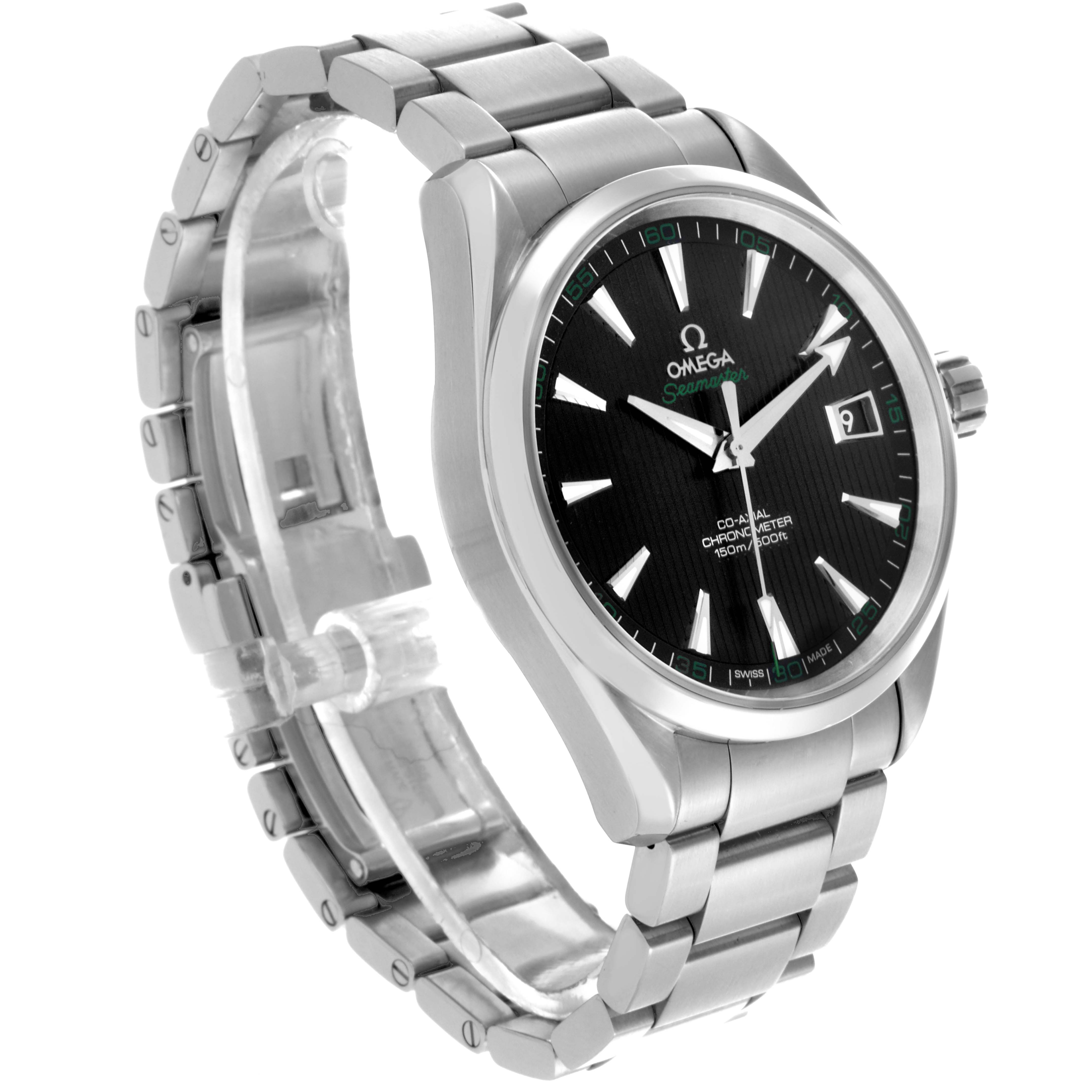 The Omega Aqua Terra 231.10.42.21.01.001 Men's Stainless Steel Black Dial 231.10.42.21.01.001 Men's Stainless Steel Black Dial watch is shown at an angled side view, featuring the watch face, crown, and stainless steel bracelet.