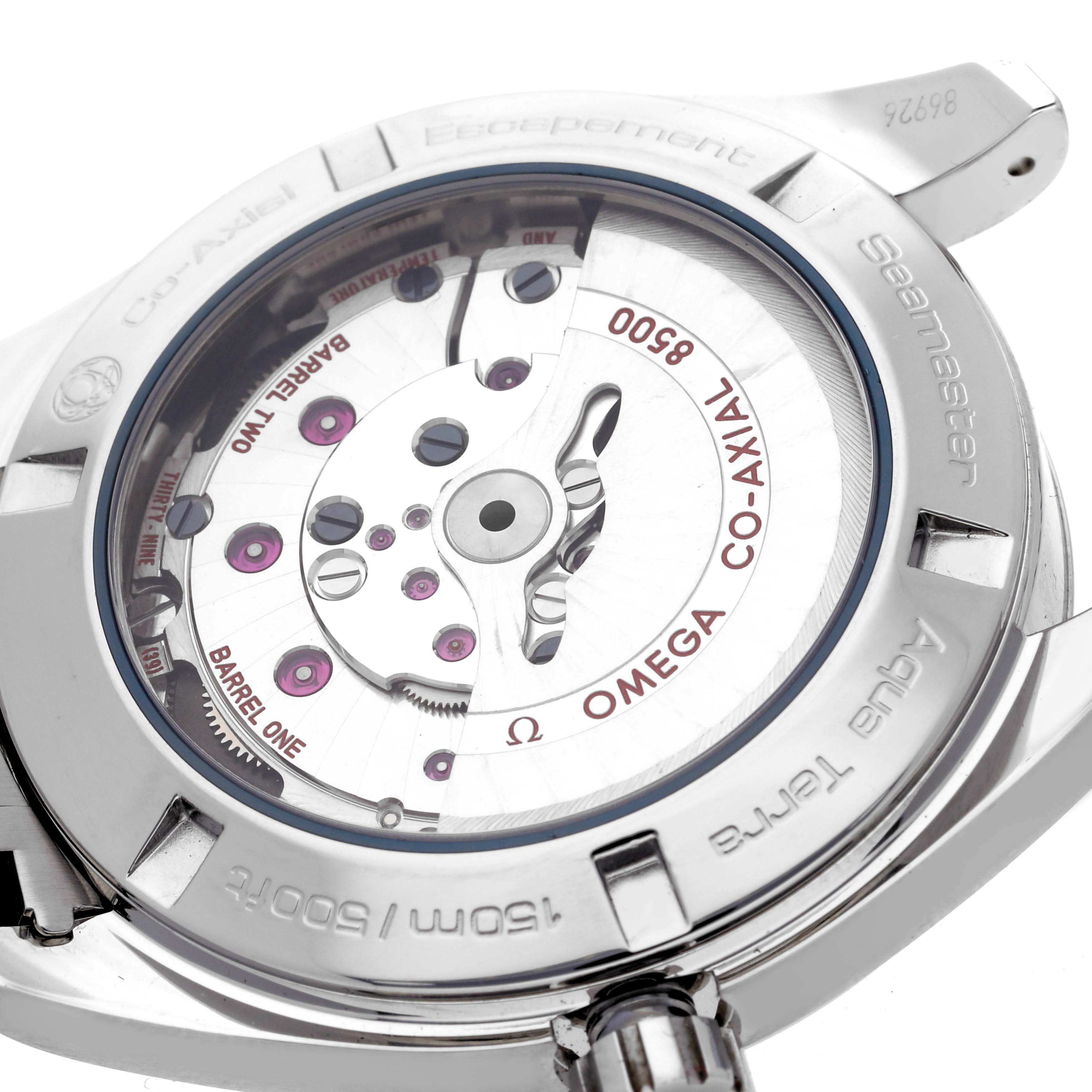 The image shows the back view of the Omega Aqua Terra 231.10.42.21.01.001 Men's Stainless Steel Black Dial 231.10.42.21.01.001 Men's Stainless Steel Black Dial watch, highlighting its Co-Axial movement and internal mechanisms.