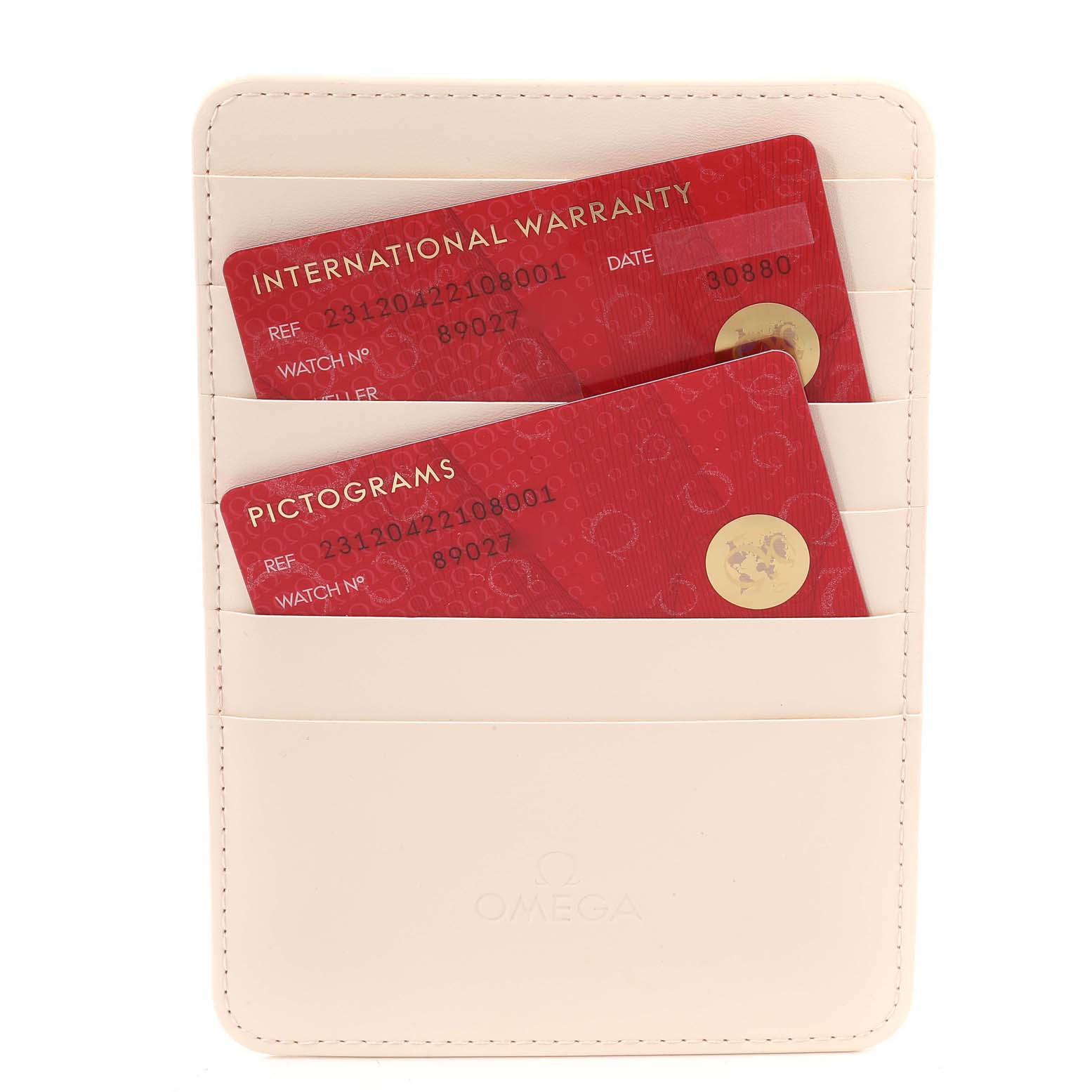 The image shows a beige cardholder containing international warranty and pictogram cards for the Omega Aqua Terra 231.20.42.21.08.001 Men's Steel and Gold (two tone) Champagne Dial 231.20.42.21.08.001 Men's Steel and Gold (two tone) Champagne Dial model watch.