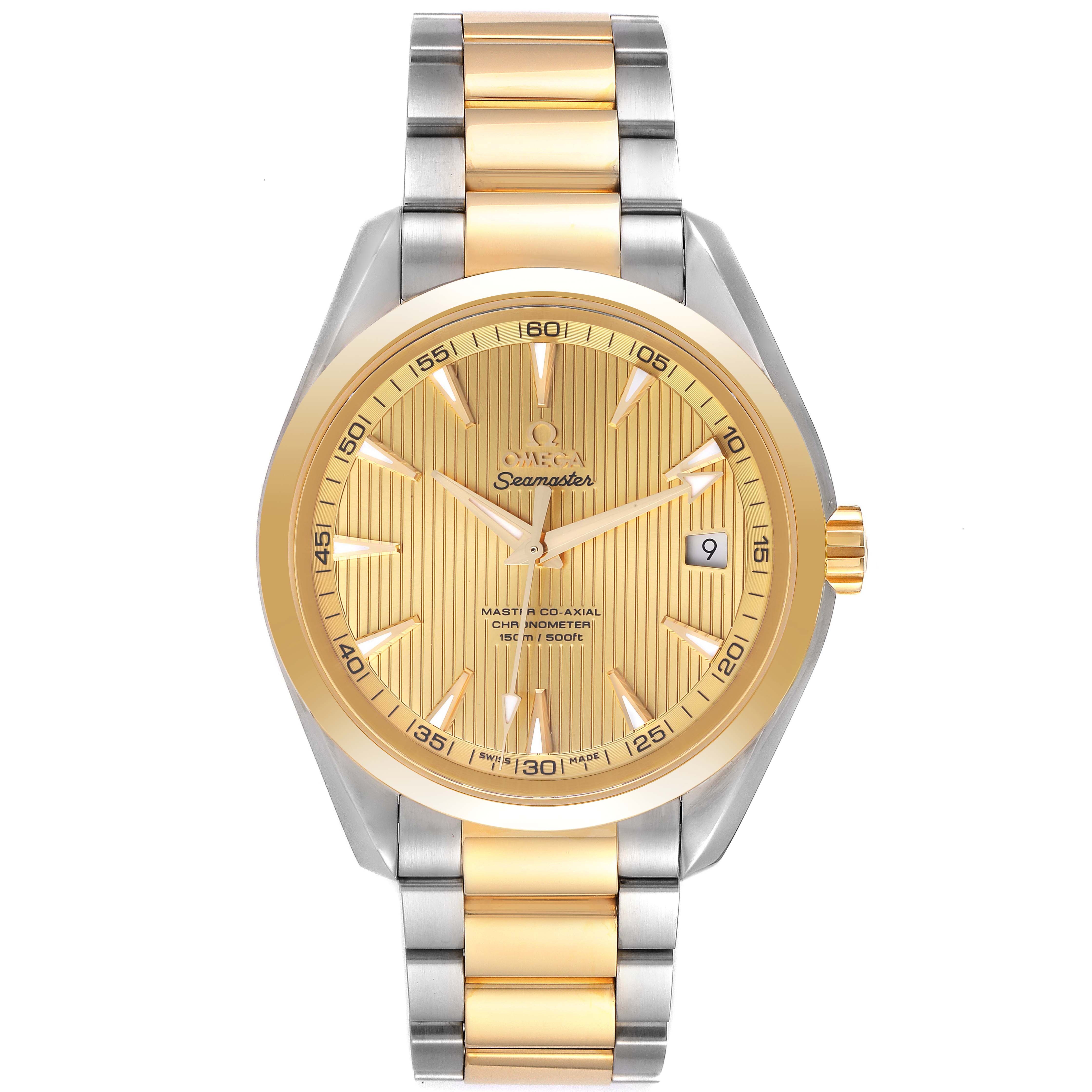 This is a front view of the Omega Aqua Terra 231.20.42.21.08.001 Men's Steel and Gold (two tone) Champagne Dial 231.20.42.21.08.001 Men's Steel and Gold (two tone) Champagne Dial watch showing the face, bezel, crown, and bracelet.