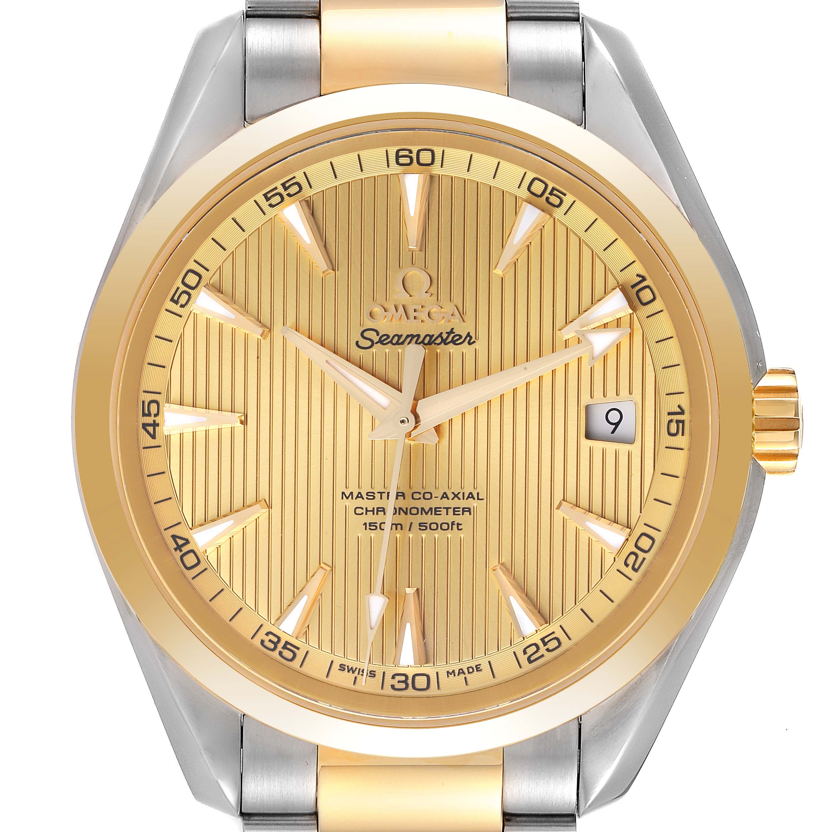 This is an Omega Aqua Terra 231.20.42.21.08.001 Men's Steel and Gold (two tone) Champagne Dial 231.20.42.21.08.001 Men's Steel and Gold (two tone) Champagne Dial model watch shown from a front angle, highlighting the dial, hands, date window, and part of the bracelet.