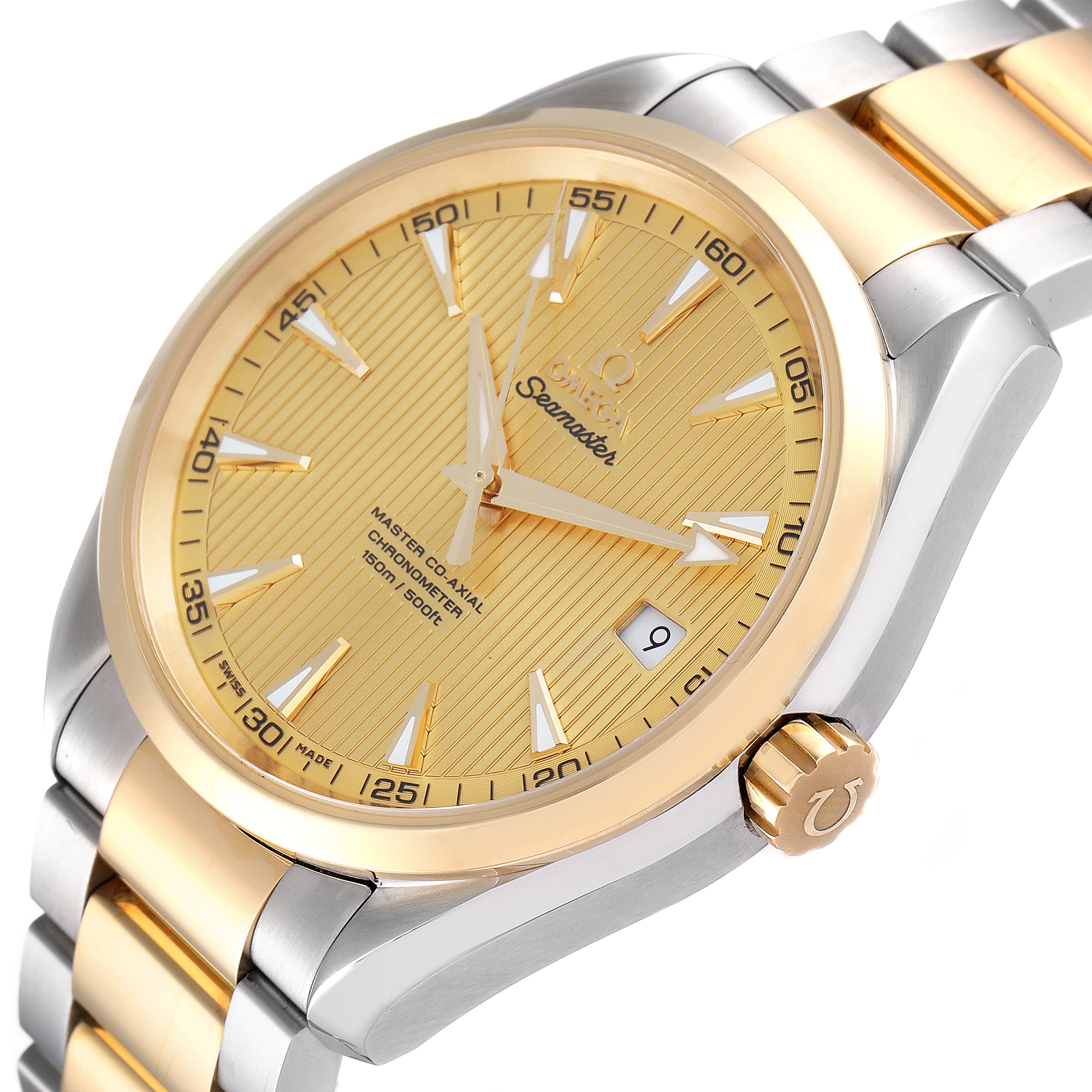 The image shows a close-up angled view of an Omega Aqua Terra 231.20.42.21.08.001 Men's Steel and Gold (two tone) Champagne Dial 231.20.42.21.08.001 Men's Steel and Gold (two tone) Champagne Dial watch, highlighting its face, crown, and part of its bracelet.