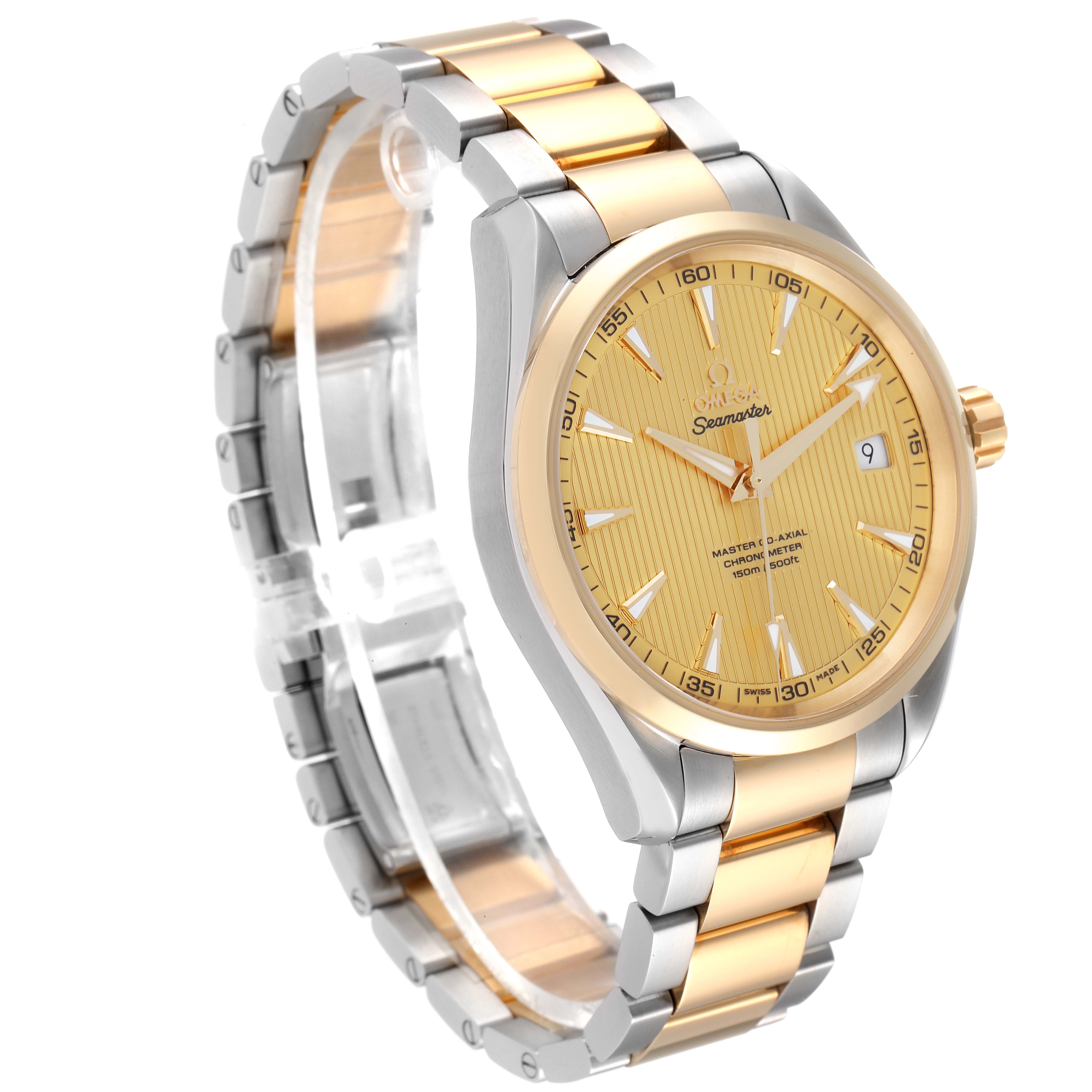The image shows a side angle of the Omega Aqua Terra 231.20.42.21.08.001 Men's Steel and Gold (two tone) Champagne Dial 231.20.42.21.08.001 Men's Steel and Gold (two tone) Champagne Dial watch, highlighting its face, bezel, and two-tone metal bracelet.