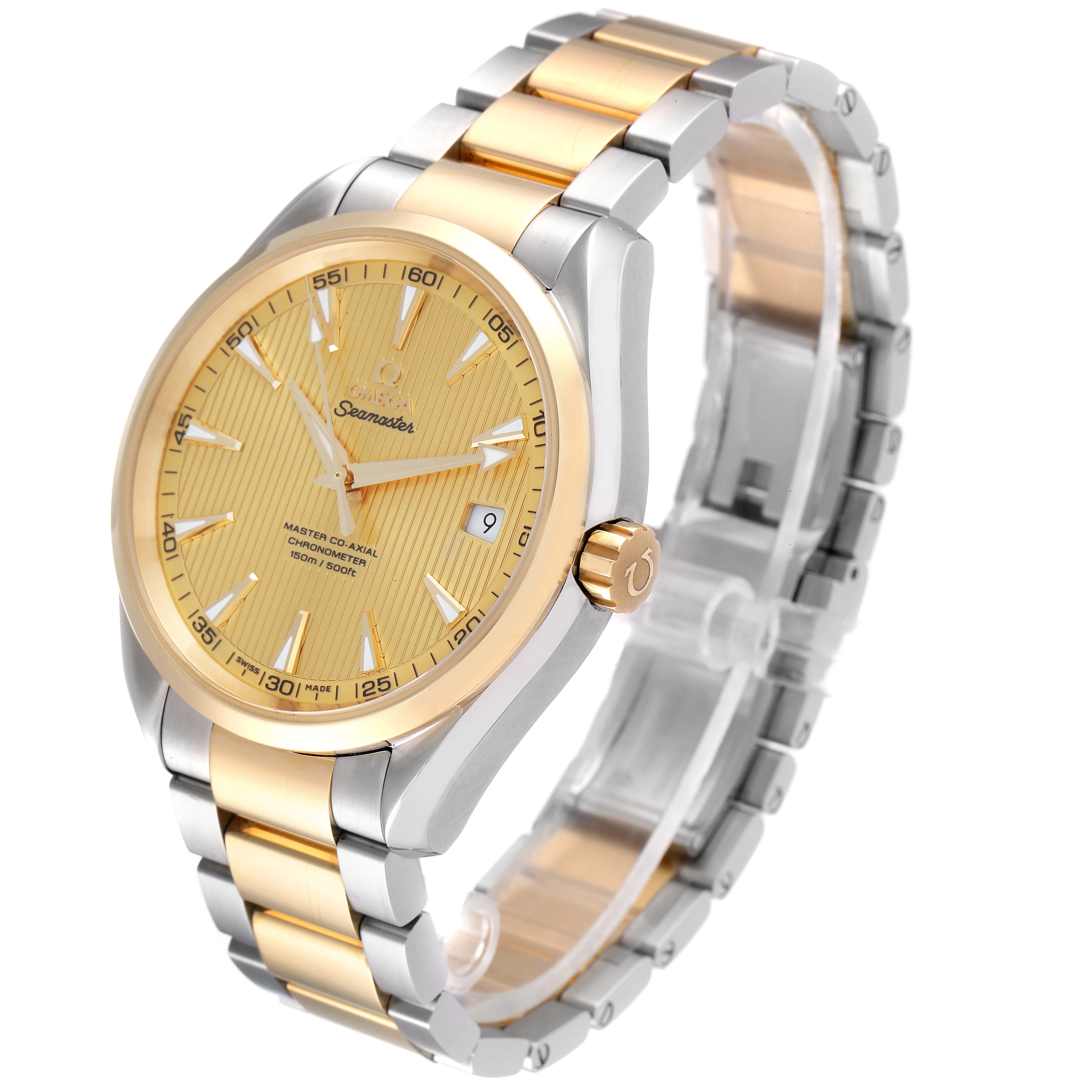 The Omega Aqua Terra 231.20.42.21.08.001 Men's Steel and Gold (two tone) Champagne Dial 231.20.42.21.08.001 Men's Steel and Gold (two tone) Champagne Dial watch is shown at an oblique angle, highlighting its gold and silver bracelet and gold-toned dial with hour markers.