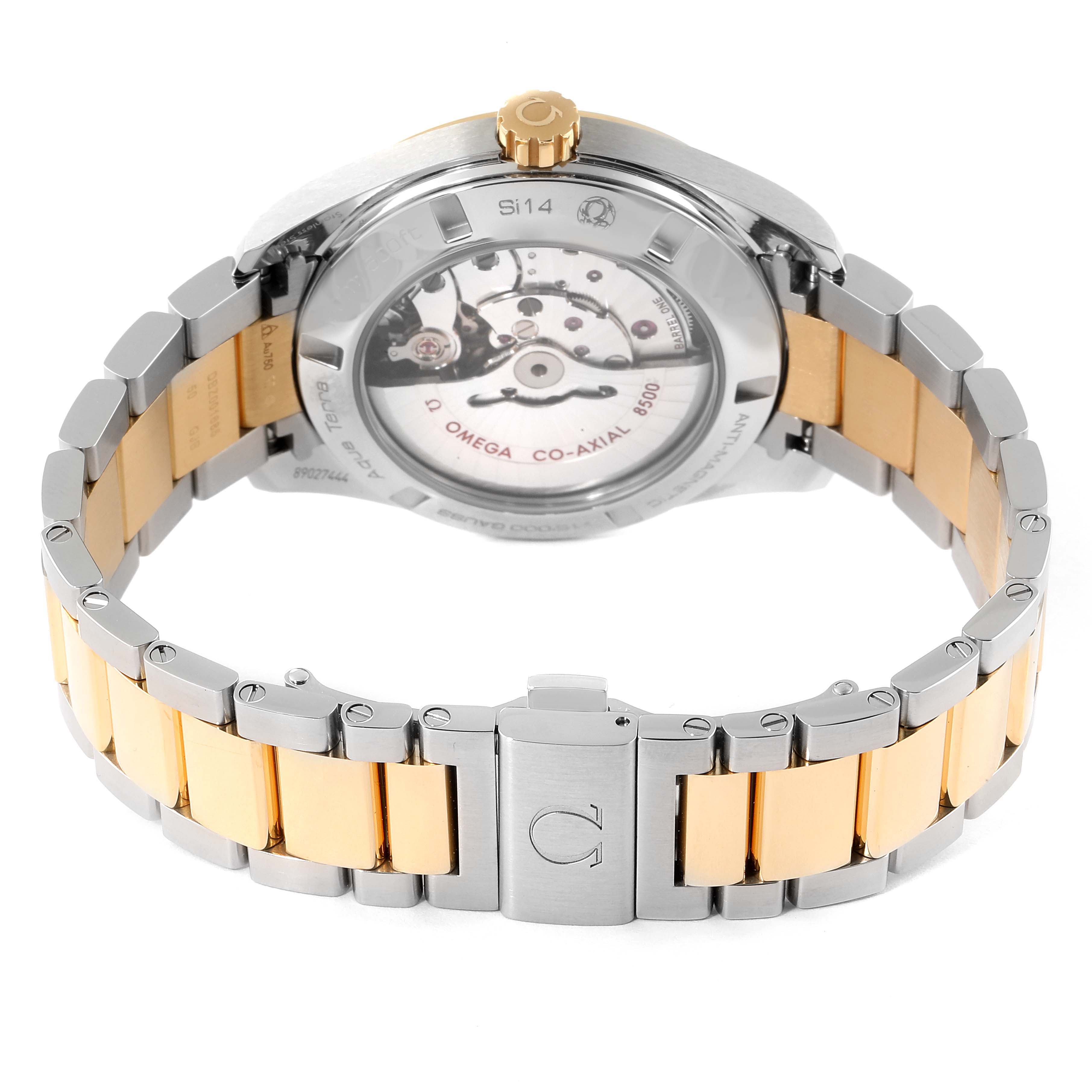 The image shows the back and bracelet of the Omega Aqua Terra 231.20.42.21.08.001 Men's Steel and Gold (two tone) Champagne Dial 231.20.42.21.08.001 Men's Steel and Gold (two tone) Champagne Dial watch, highlighting its automatic movement and two-tone metal bracelet.