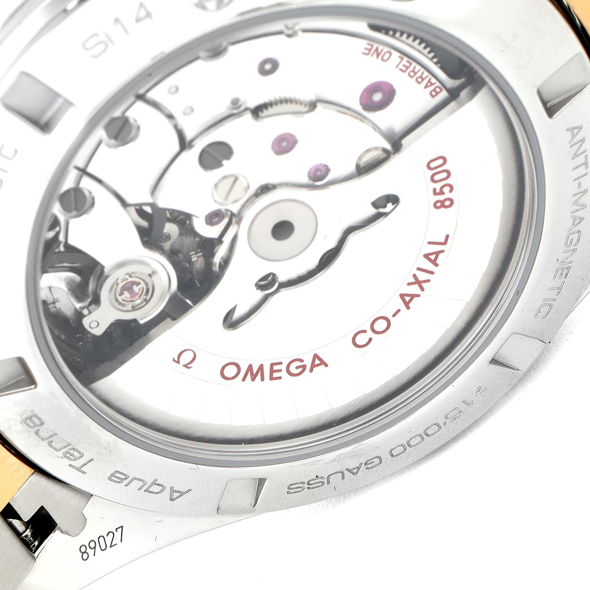 This image shows the case back of the Omega Aqua Terra 231.20.42.21.08.001 Men's Steel and Gold (two tone) Champagne Dial 231.20.42.21.08.001 Men's Steel and Gold (two tone) Champagne Dial watch, revealing the Co-Axial 8500 movement through a transparent cover.
