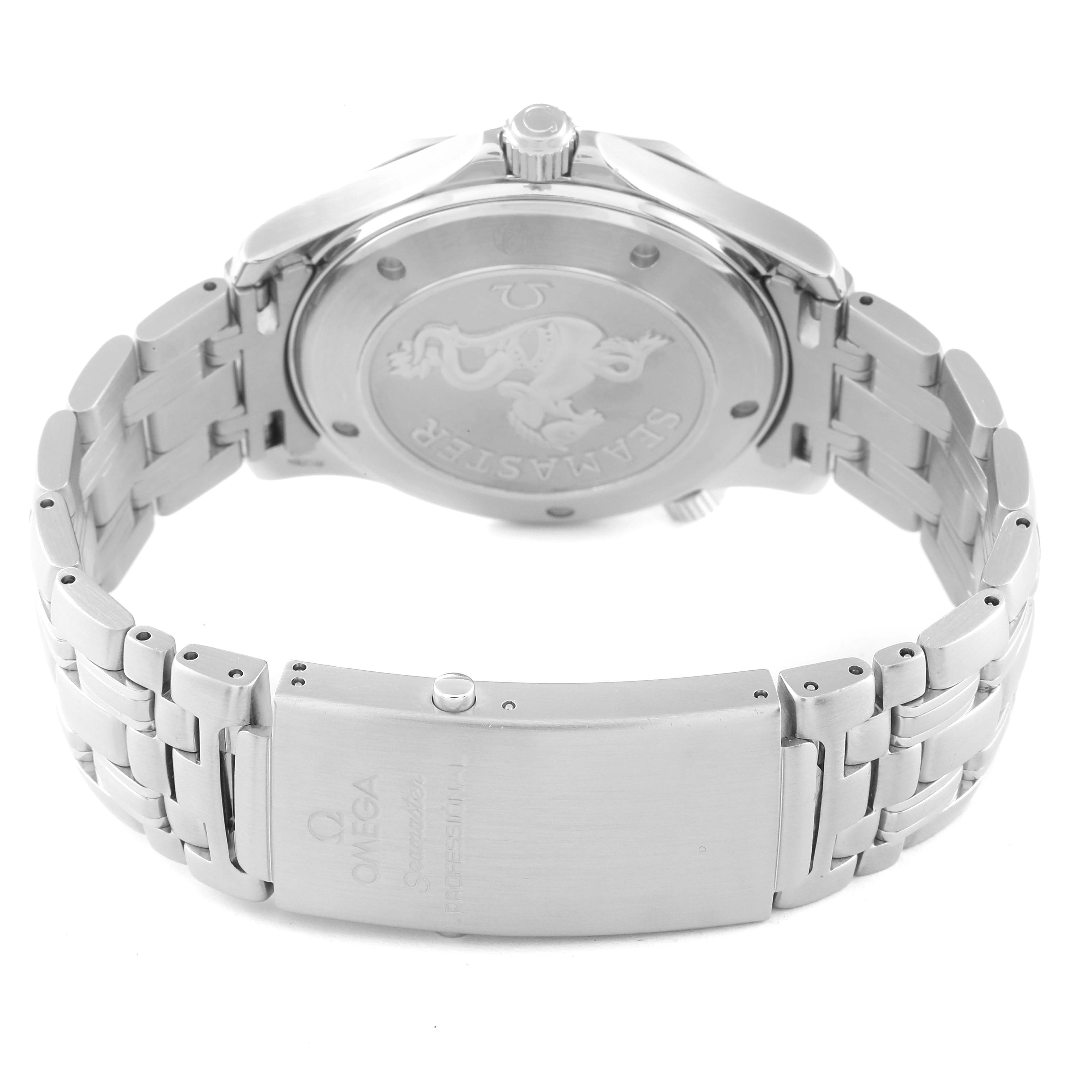 The image shows the back, crown, and bracelet clasp of an Omega Seamaster 2221.80.00 Men's Stainless Steel Blue Dial 2221.80.00 Men's Stainless Steel Blue Dial watch from a slightly angled bottom view.