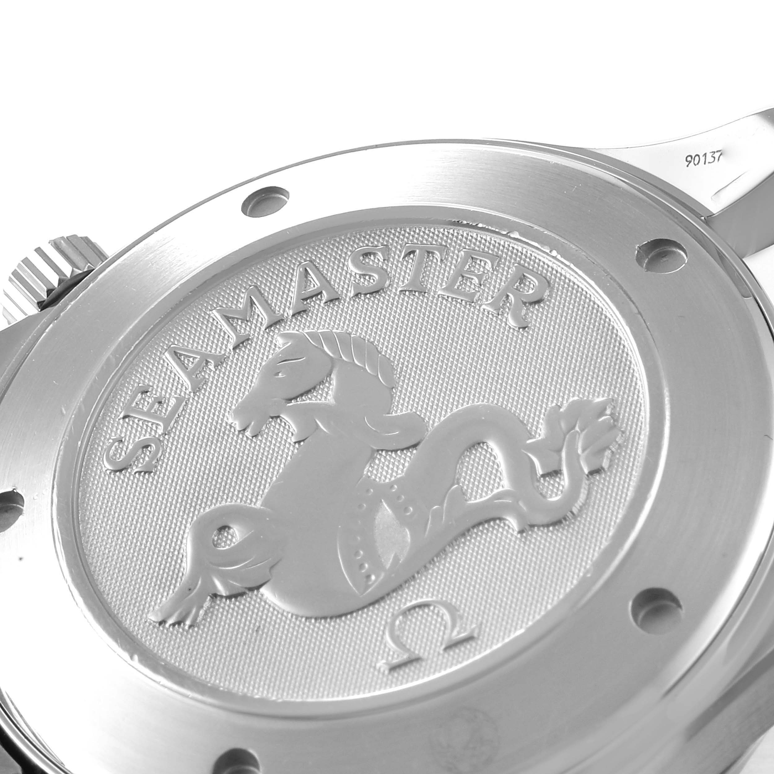 The image shows the engraved back case of an Omega Seamaster 2221.80.00 Men's Stainless Steel Blue Dial 2221.80.00 Men's Stainless Steel Blue Dial watch, viewed from a close-up angle.