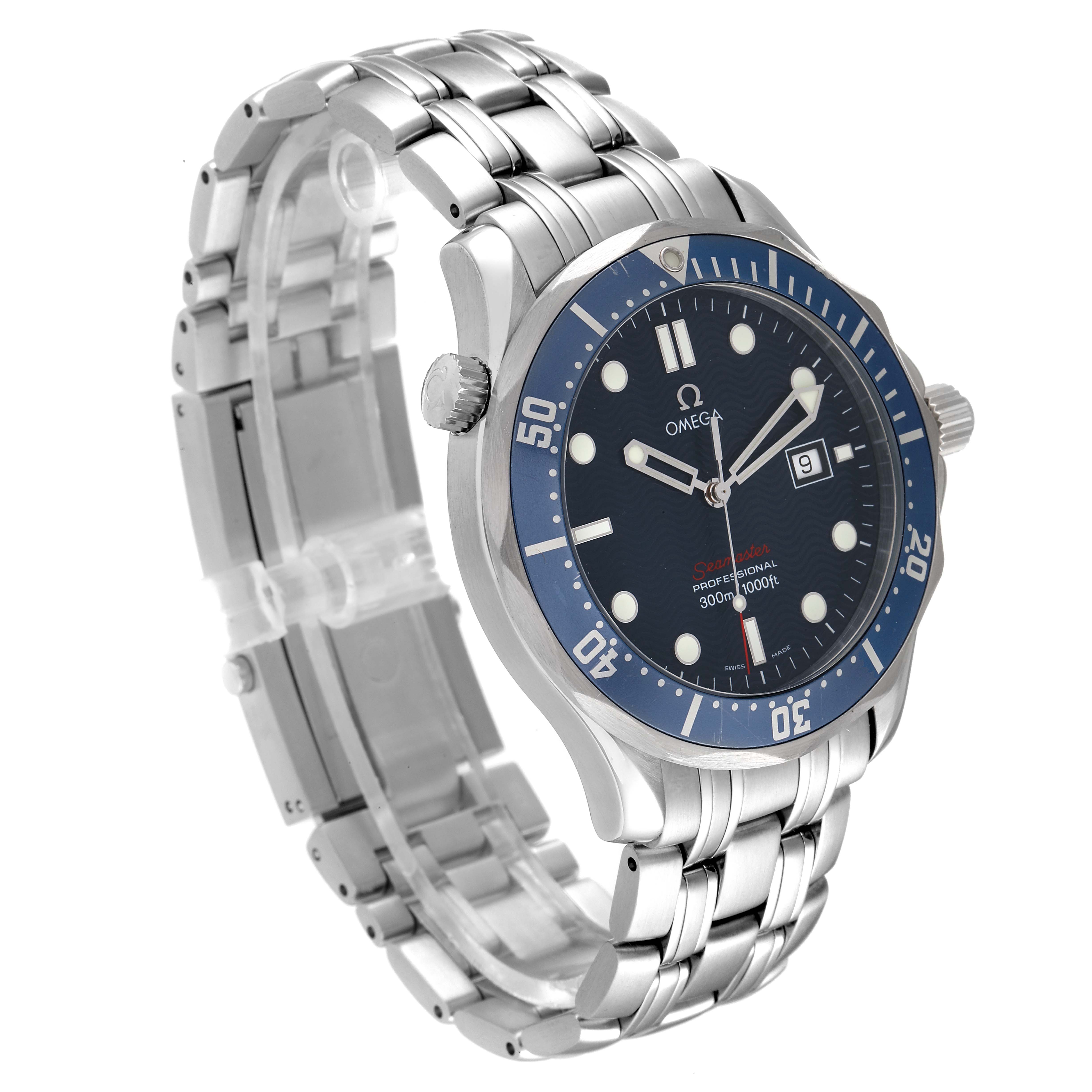 The image shows a side angle of the Omega Seamaster 2221.80.00 Men's Stainless Steel Blue Dial 2221.80.00 Men's Stainless Steel Blue Dial watch, highlighting its bezel, dial, and stainless steel bracelet.