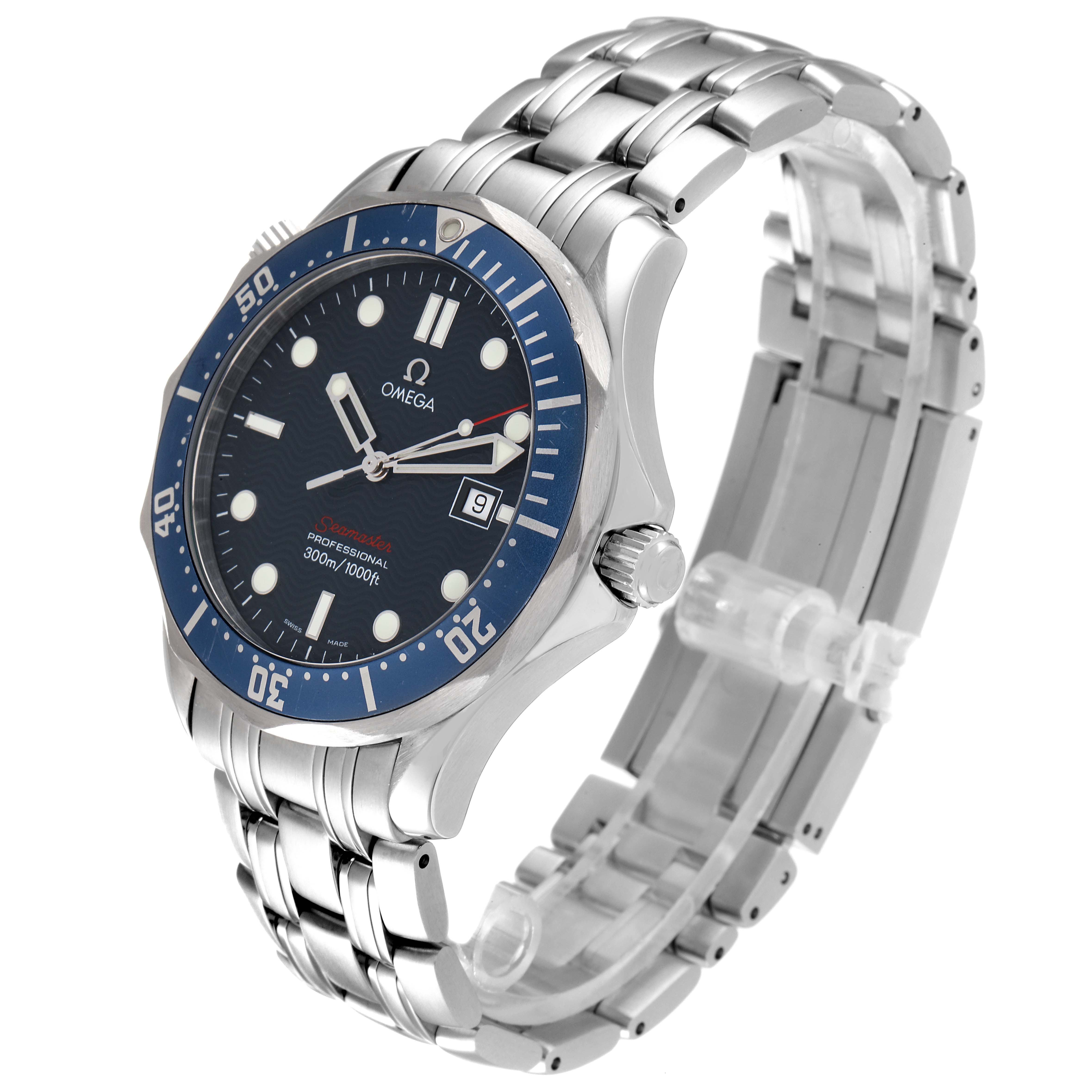 The image shows a three-quarter view of the Omega Seamaster 2221.80.00 Men's Stainless Steel Blue Dial 2221.80.00 Men's Stainless Steel Blue Dial watch, highlighting its face, bezel, crown, and stainless steel bracelet.