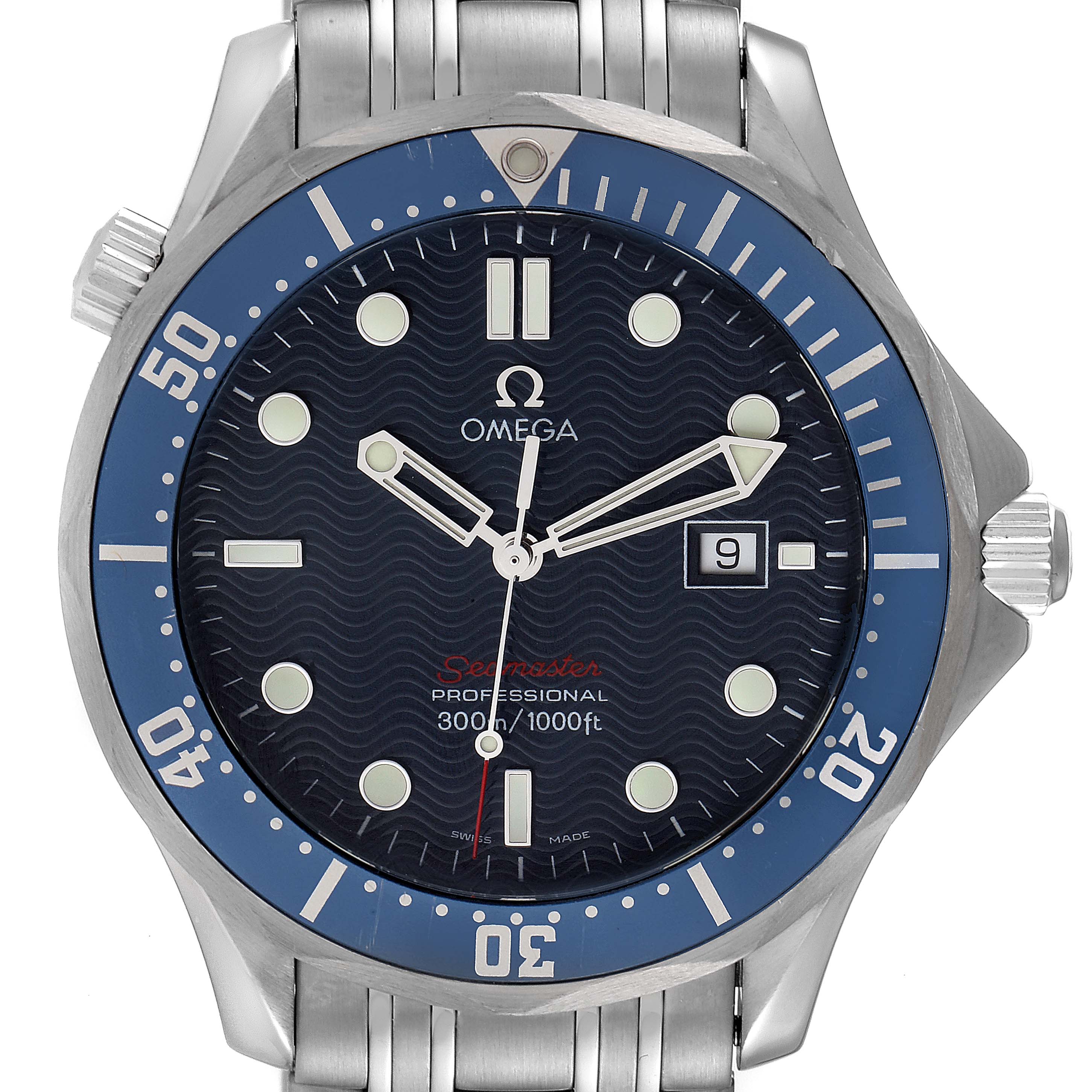 The image shows a front view of the Omega Seamaster 2221.80.00 Men's Stainless Steel Blue Dial 2221.80.00 Men's Stainless Steel Blue Dial watch, highlighting its dial, bezel, and stainless steel bracelet.