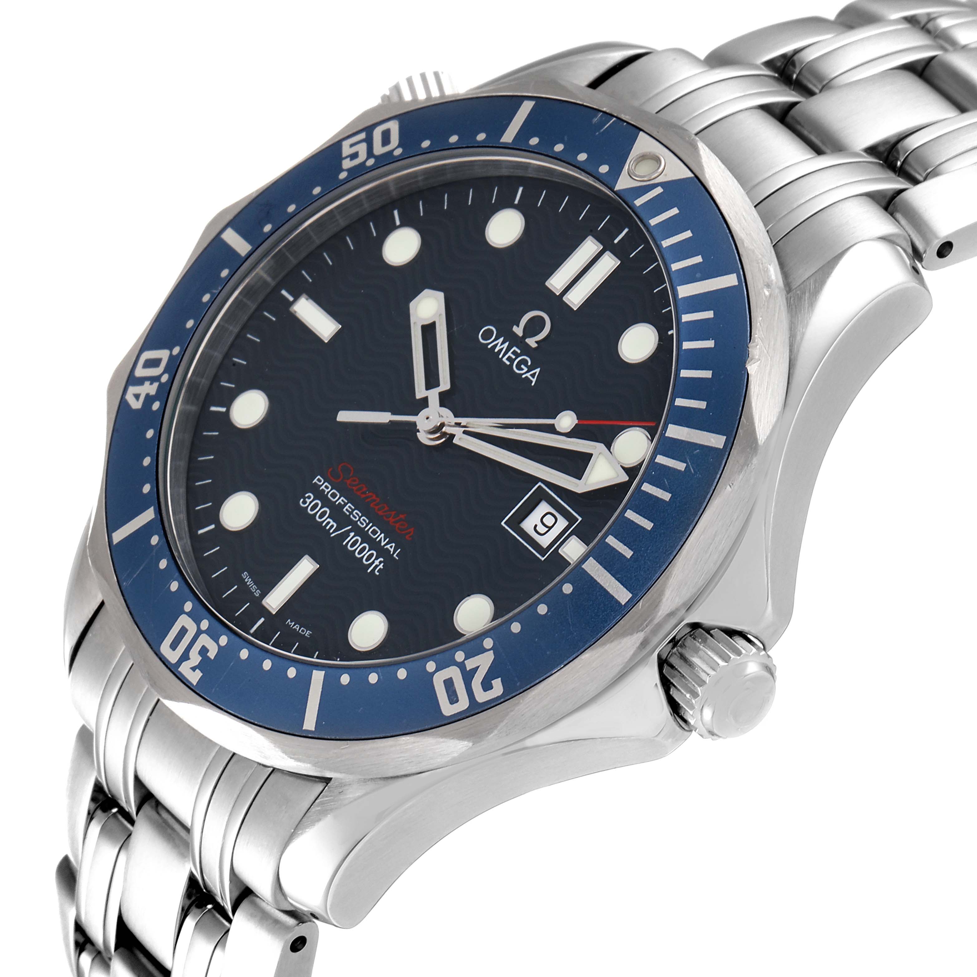 The image shows an Omega Seamaster 2221.80.00 Men's Stainless Steel Blue Dial 2221.80.00 Men's Stainless Steel Blue Dial watch at an angled view, highlighting its face, bezel, crown, and part of the bracelet.