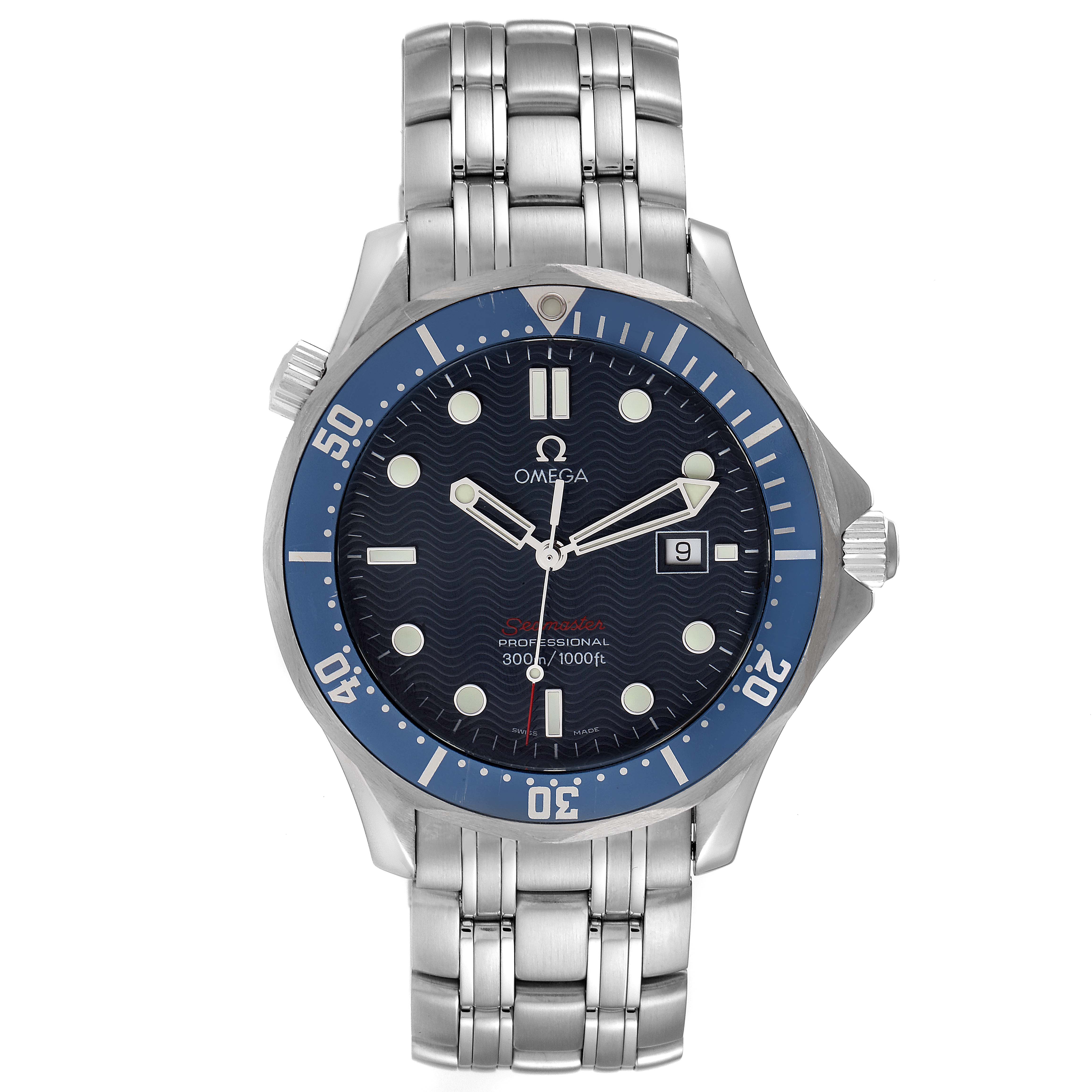The image shows a front view of an Omega Seamaster 2221.80.00 Men's Stainless Steel Blue Dial 2221.80.00 Men's Stainless Steel Blue Dial watch, detailing the dial, hands, bezel, and metal bracelet.