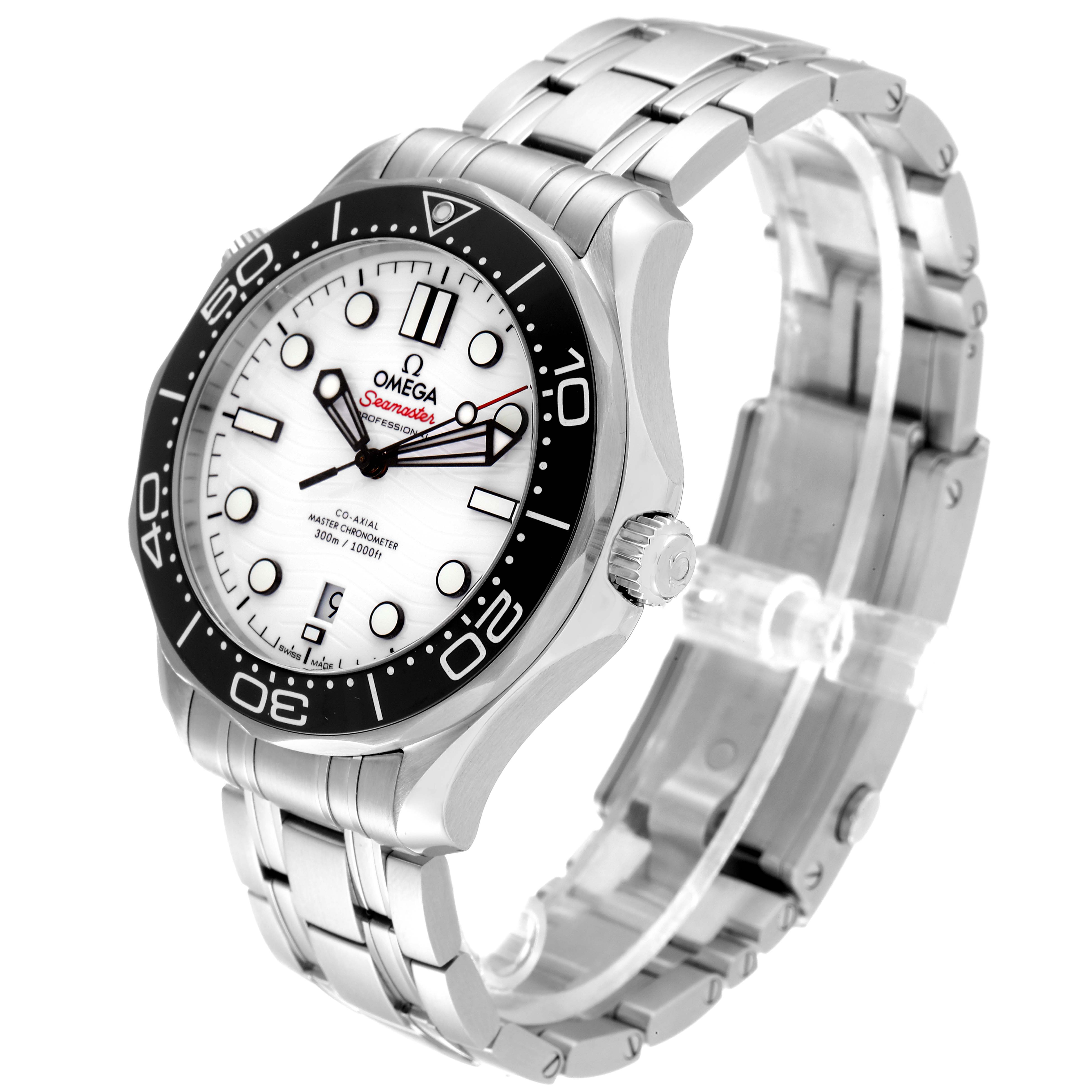 The Omega Seamaster 210.30.42.20.04.001 Men's Stainless Steel White Dial 210.30.42.20.04.001 Men's Stainless Steel White Dial watch is shown at an angled view displaying the face, bezel, crown, and metal bracelet.