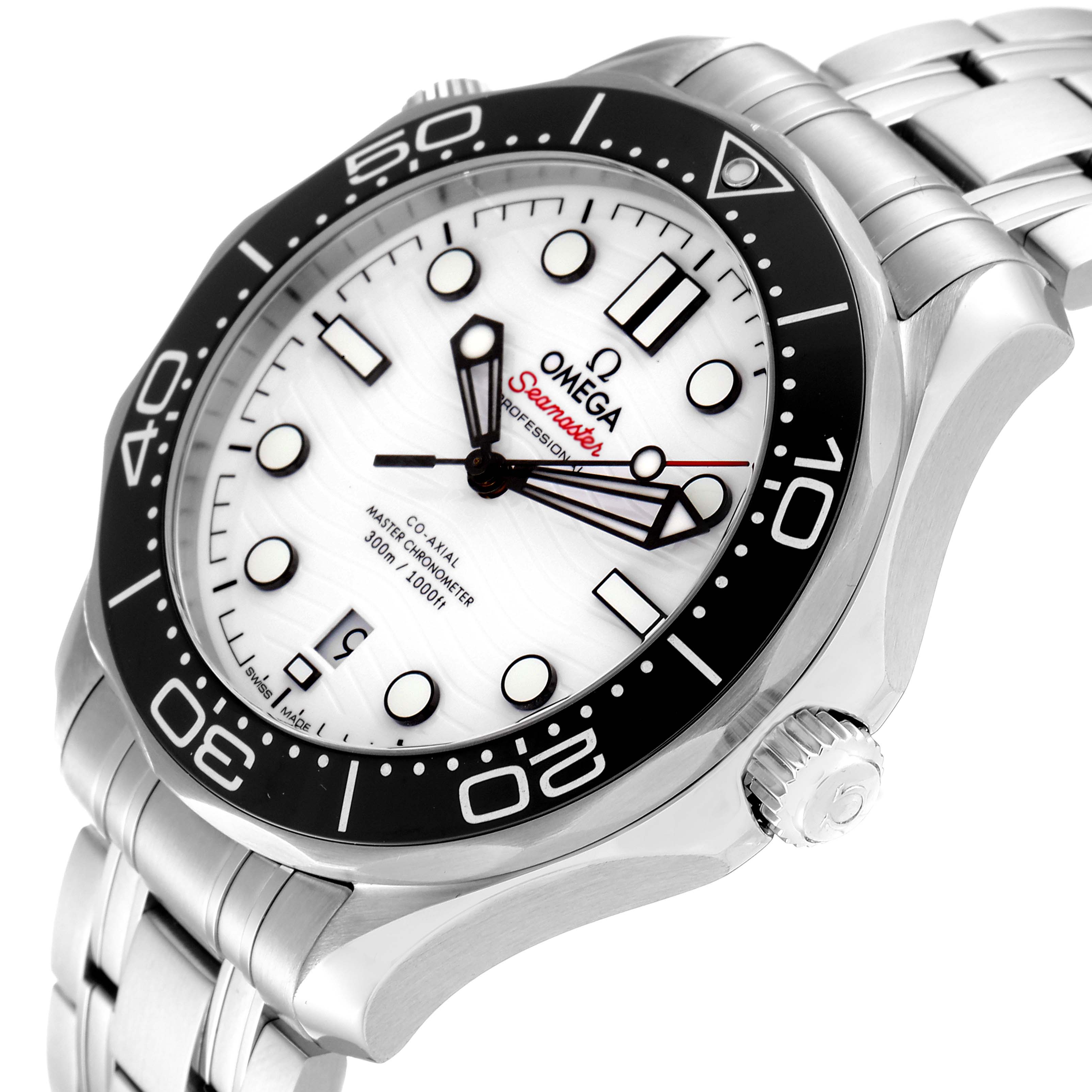 The image shows a close-up angled view of an Omega Seamaster 210.30.42.20.04.001 Men's Stainless Steel White Dial 210.30.42.20.04.001 Men's Stainless Steel White Dial watch, highlighting the bezel, dial, and part of the bracelet.