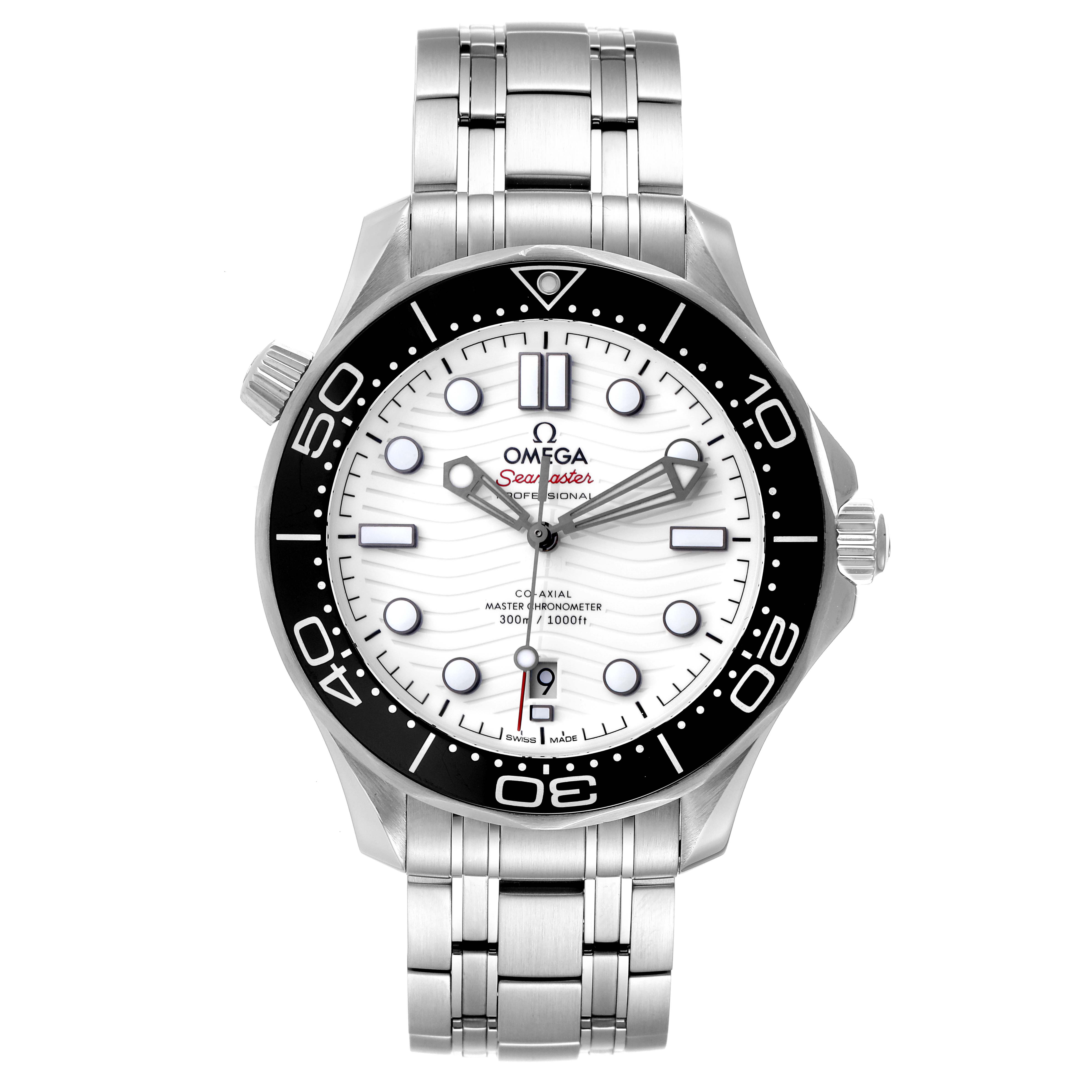 The image shows a frontal view of an Omega Seamaster 210.30.42.20.04.001 Men's Stainless Steel White Dial 210.30.42.20.04.001 Men's Stainless Steel White Dial watch, displaying its dial, bezel, and stainless steel bracelet.