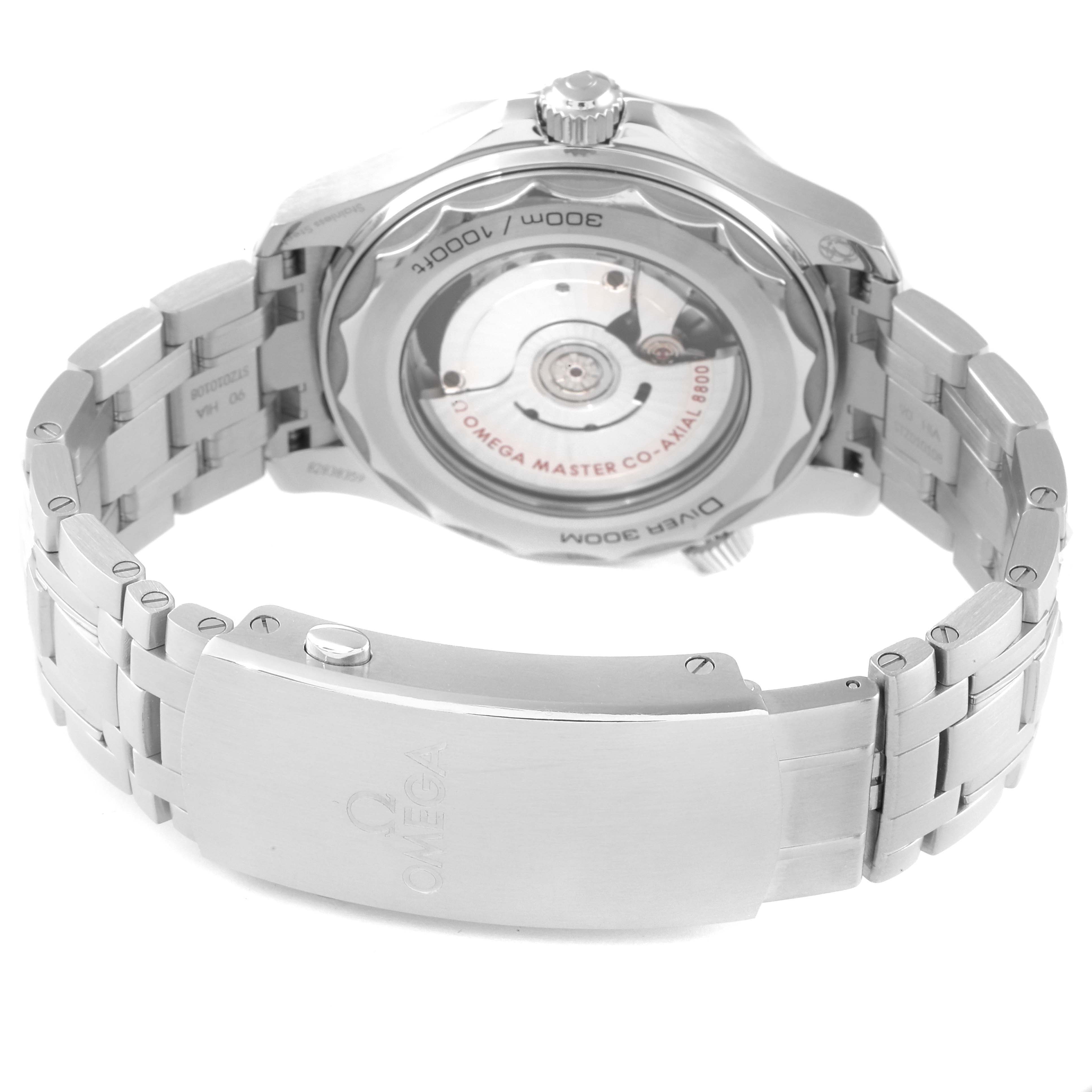 The image shows the back of an Omega Seamaster 210.30.42.20.04.001 Men's Stainless Steel White Dial 210.30.42.20.04.001 Men's Stainless Steel White Dial watch, highlighting the mechanism and part of the metal bracelet.