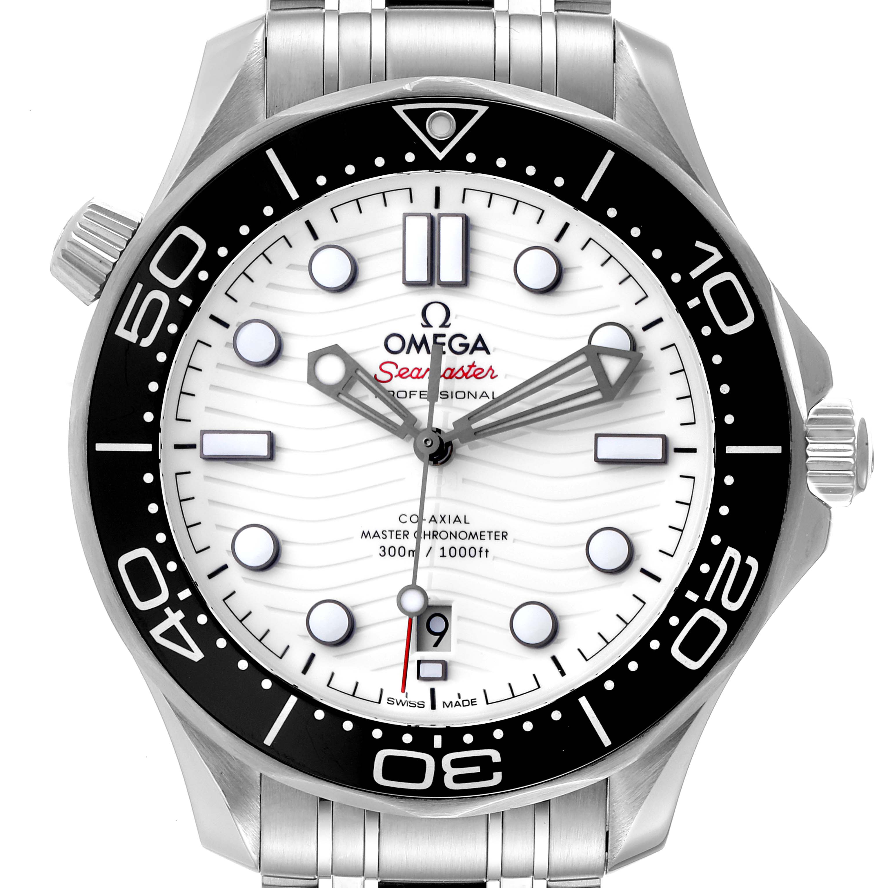 The image shows a front view of the Omega Seamaster 210.30.42.20.04.001 Men's Stainless Steel White Dial 210.30.42.20.04.001 Men's Stainless Steel White Dial watch, highlighting its dial, hands, bezel, and part of the bracelet.