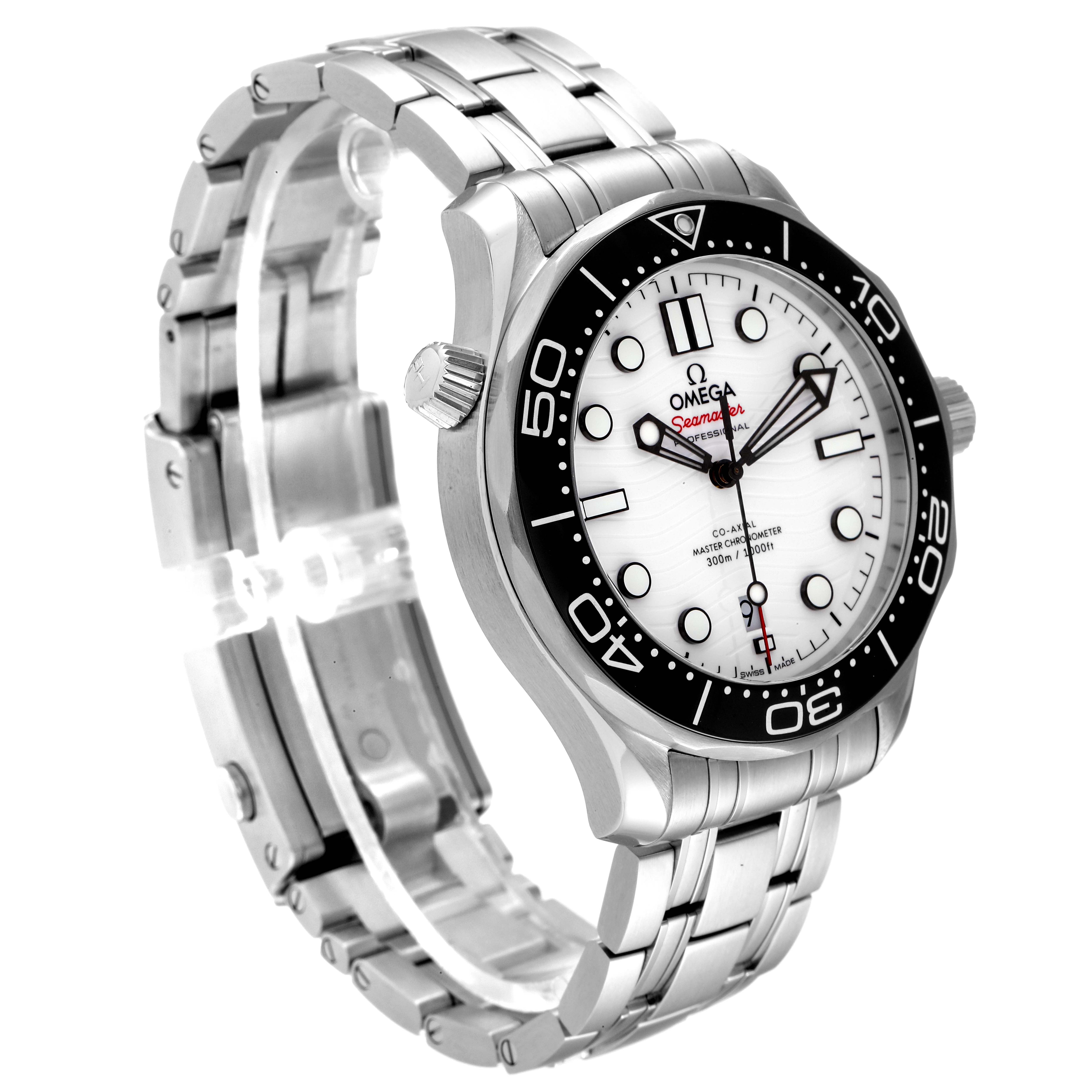 The image shows a front-side angle view of the Omega Seamaster 210.30.42.20.04.001 Men's Stainless Steel White Dial 210.30.42.20.04.001 Men's Stainless Steel White Dial watch, highlighting its bracelet, bezel, and dial.