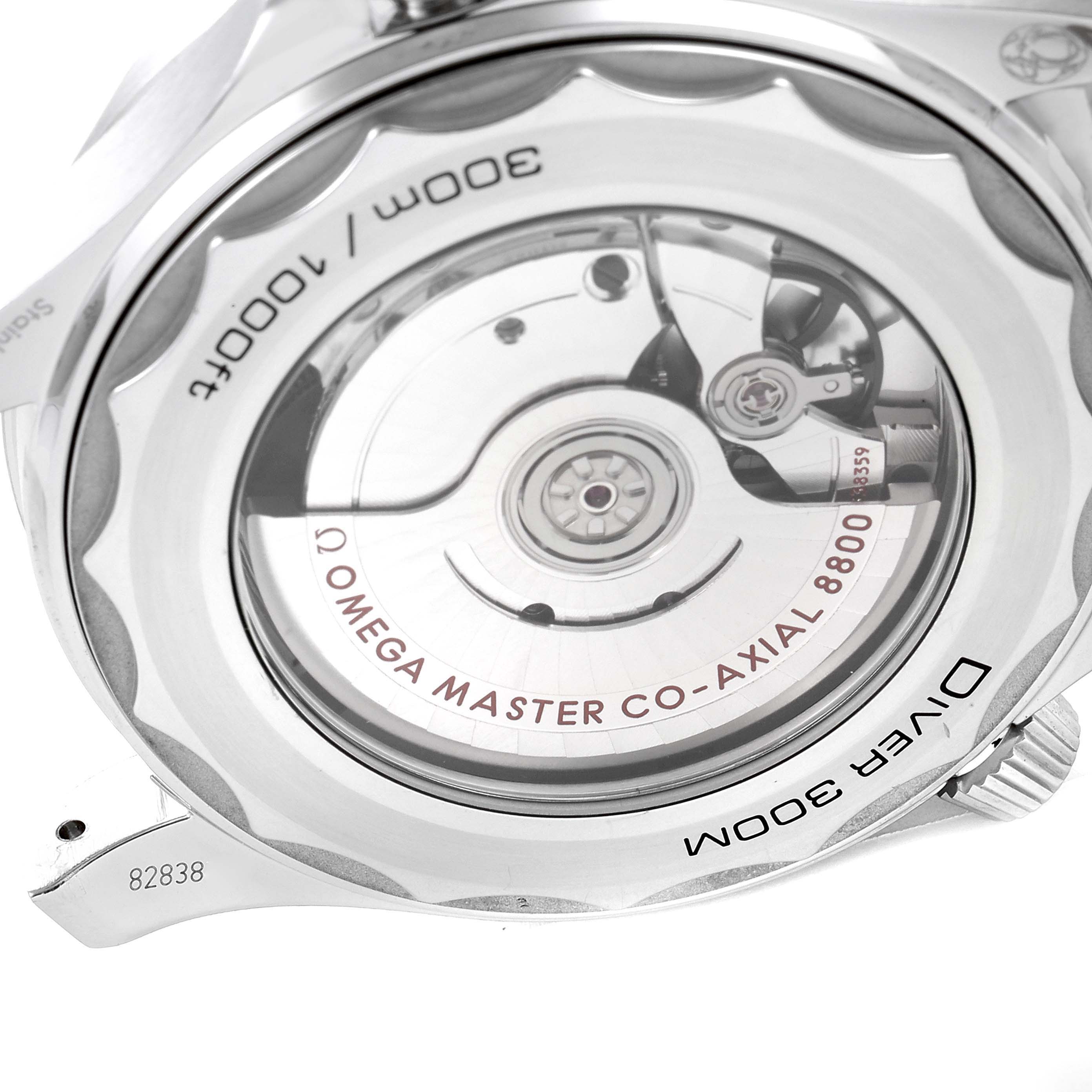 The image shows the open case back of an Omega Seamaster 210.30.42.20.04.001 Men's Stainless Steel White Dial 210.30.42.20.04.001 Men's Stainless Steel White Dial watch, revealing its mechanical movement.