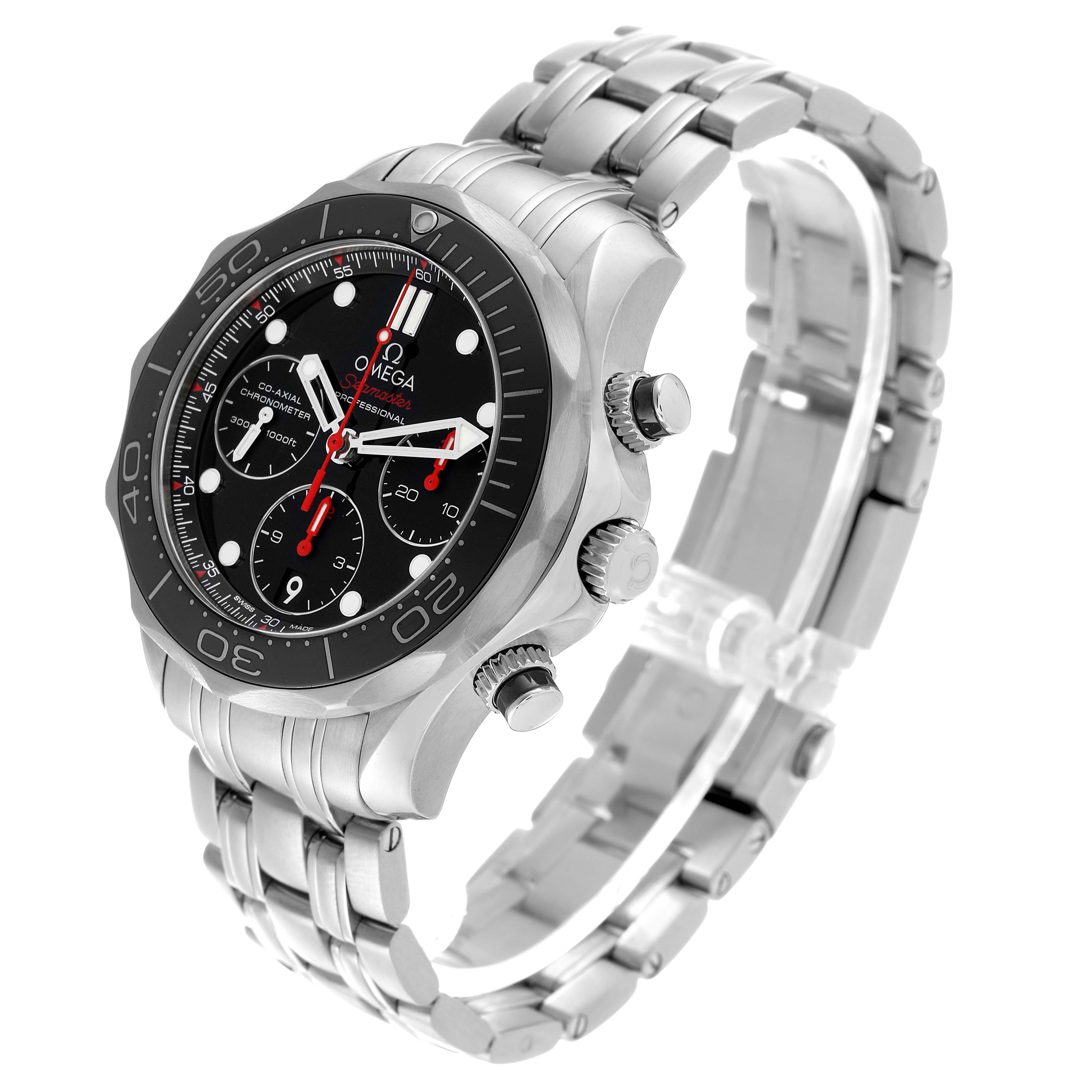 The Omega Seamaster 212.30.44.50.01.001 Men's Stainless Steel Black Dial watch is shown at a three-quarter angle, highlighting the face, bezel, crown, and stainless steel bracelet.