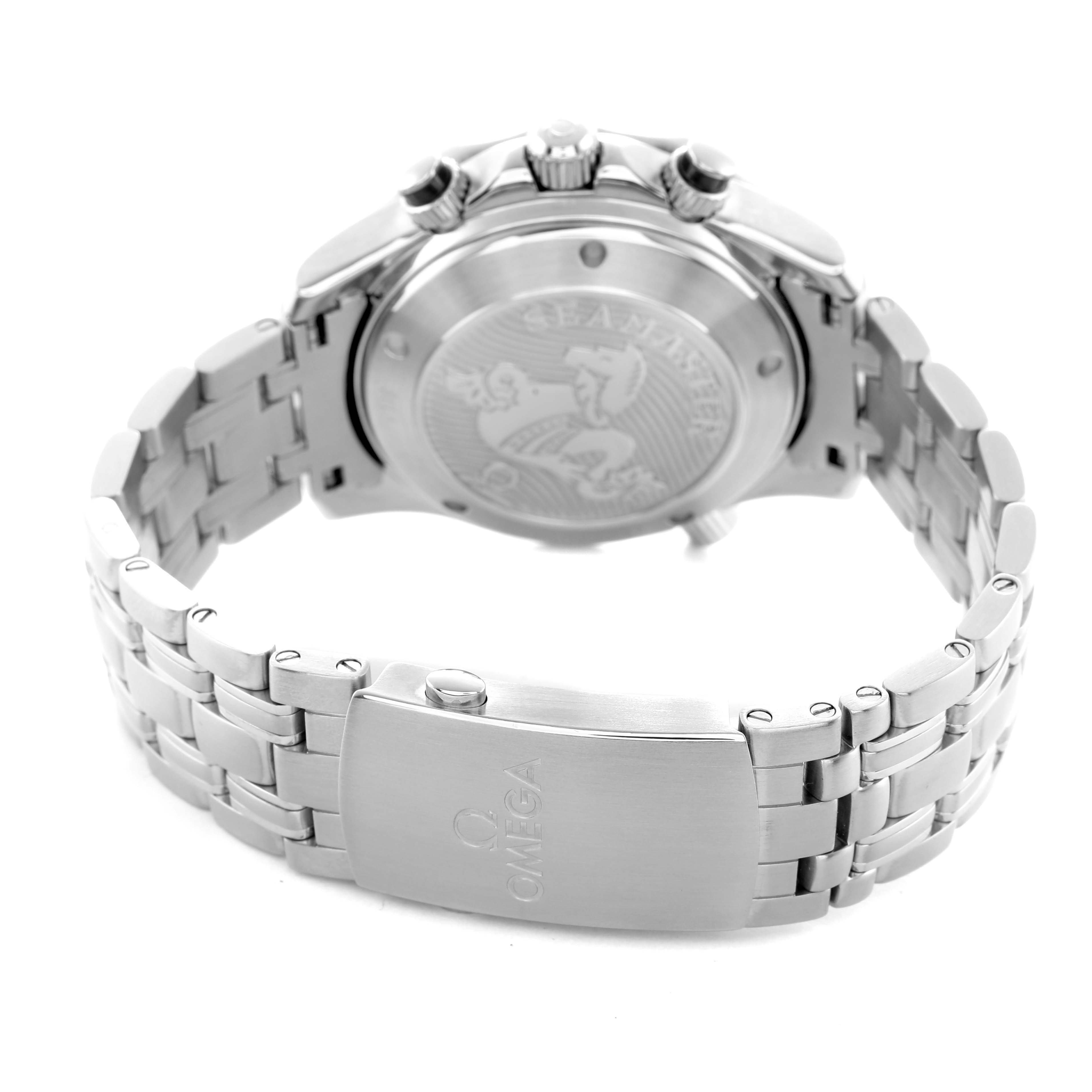 The Omega Seamaster 212.30.44.50.01.001 Men's Stainless Steel Black Dial is shown from the back, highlighting the clasp, bracelet, and case back.