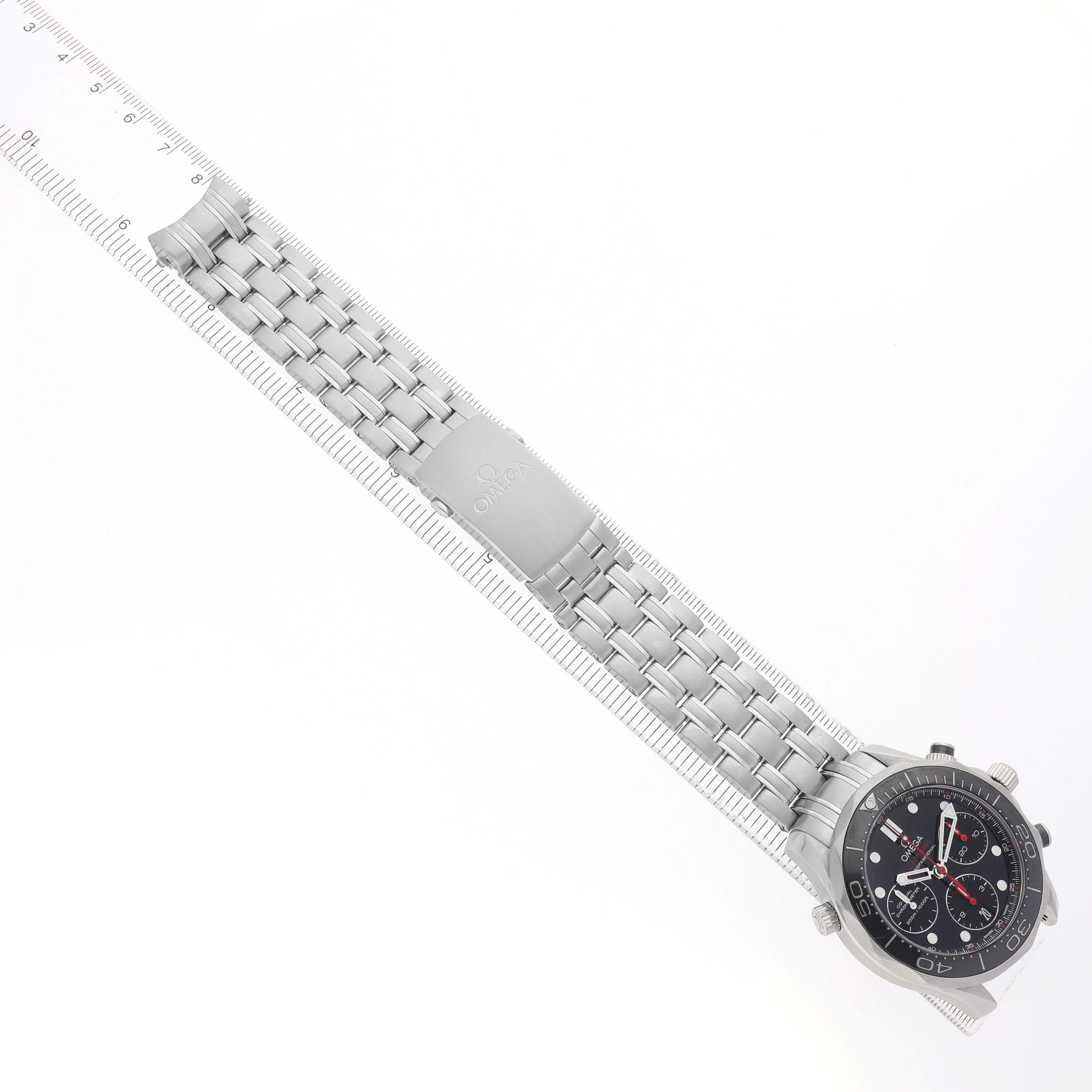 The Omega Seamaster 212.30.44.50.01.001 Men's Stainless Steel Black Dial watch is shown at an angle displaying the face, bezel, crown, pushers, and full metal bracelet with clasp.