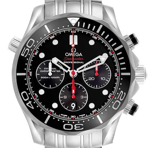 The Omega Seamaster 212.30.44.50.01.001 Men's Stainless Steel Black Dial watch is shown from the front, highlighting its dial, bezel, and stainless steel bracelet.