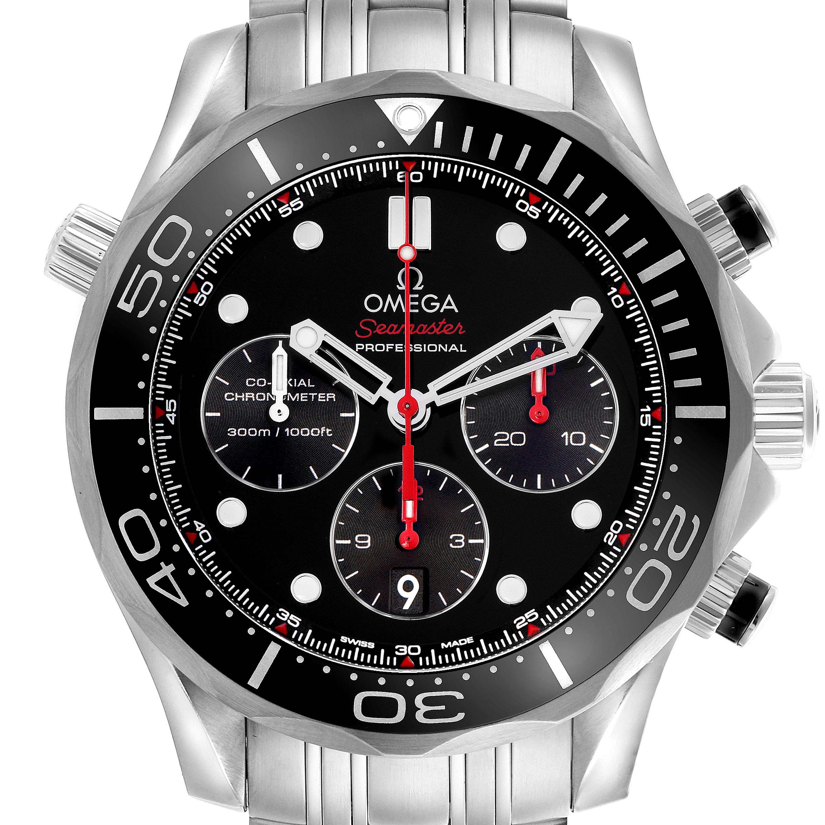 The Omega Seamaster 212.30.44.50.01.001 Men's Stainless Steel Black Dial watch is shown from the front, highlighting its bezel, dial, and chronograph subdials.