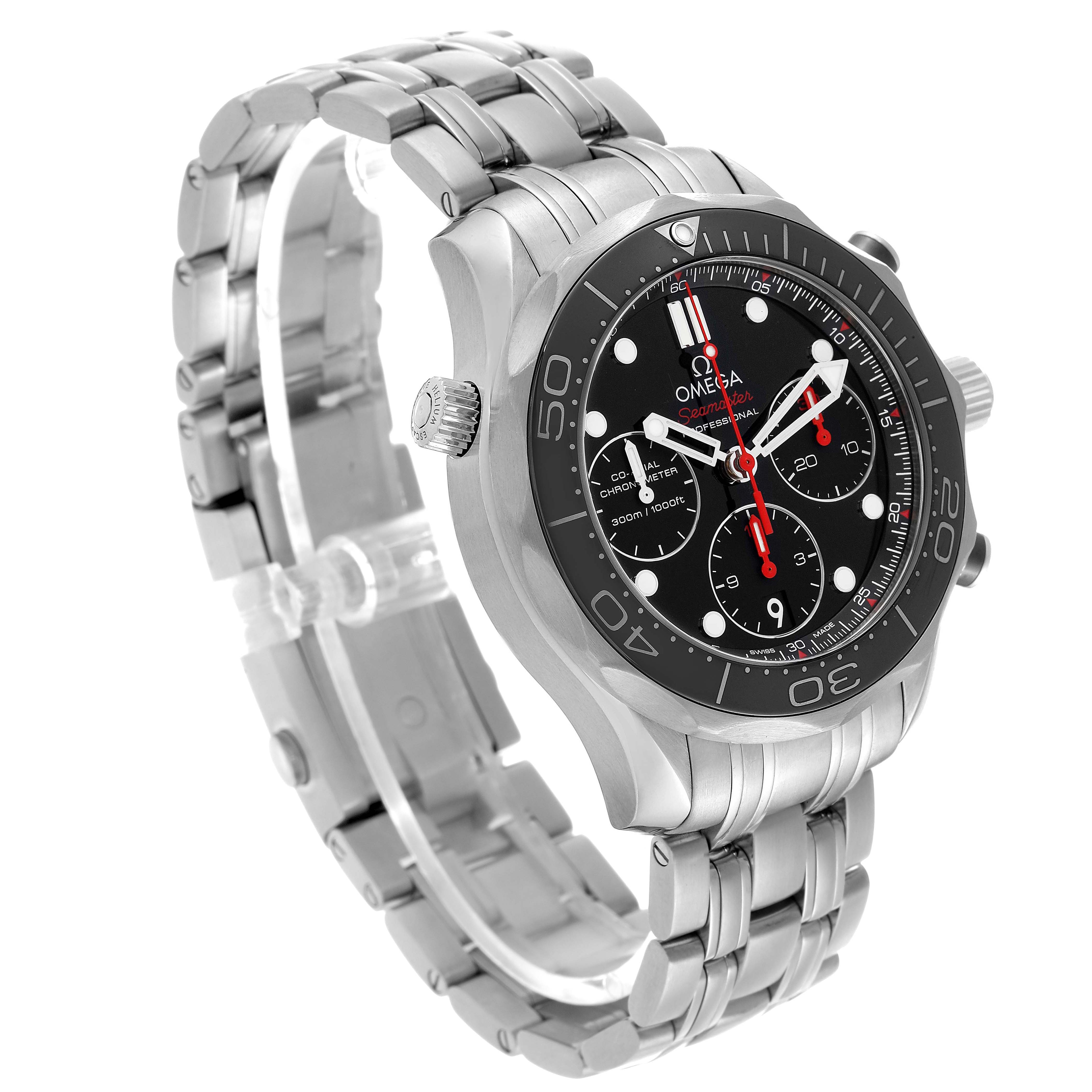 The Omega Seamaster 212.30.44.50.01.001 Men's Stainless Steel Black Dial watch is shown at a three-quarter angle displaying its dial, bezel, crown, and stainless steel bracelet.