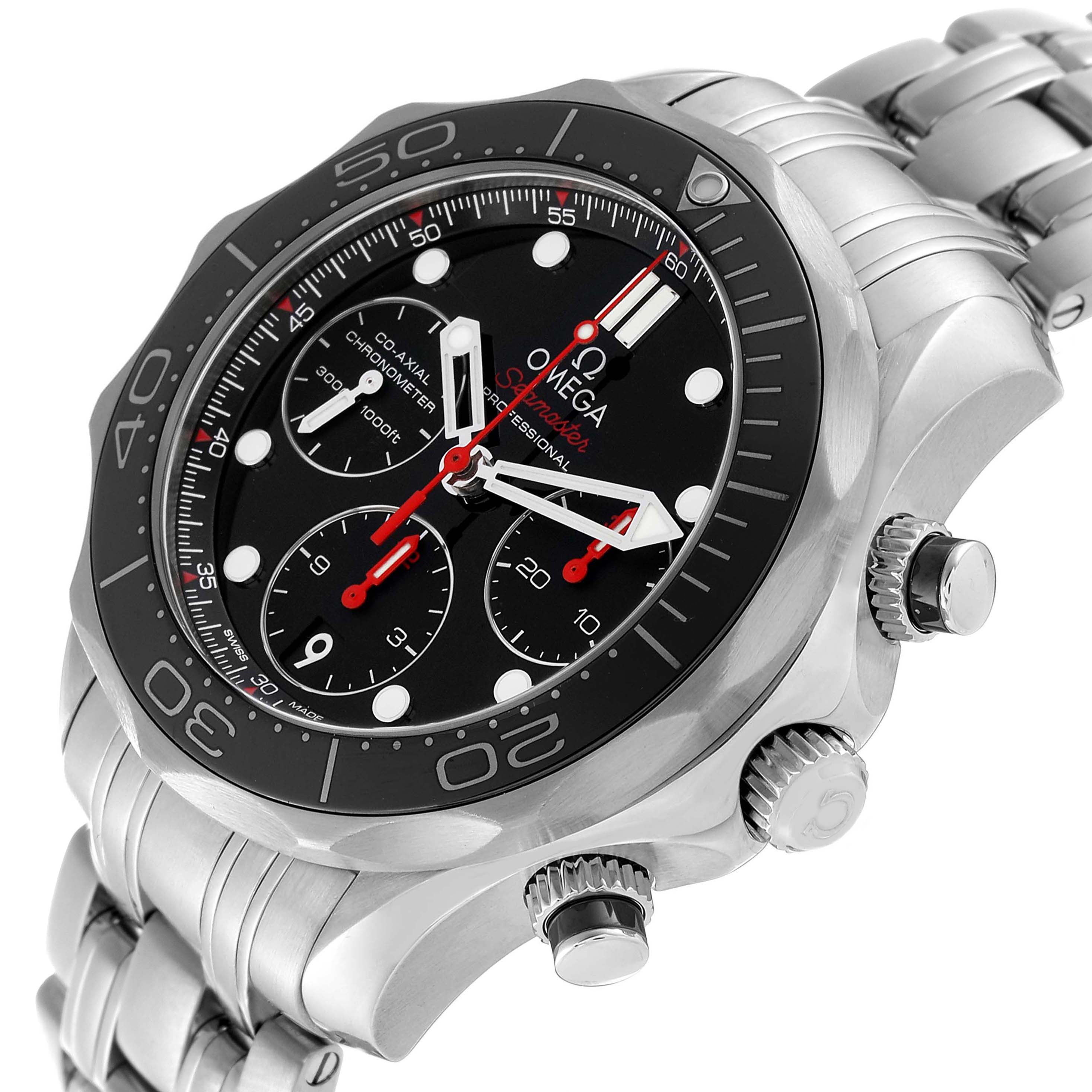 The Omega Seamaster 212.30.44.50.01.001 Men's Stainless Steel Black Dial watch is shown at an angle highlighting the bezel, dial, pushers, and part of the bracelet.