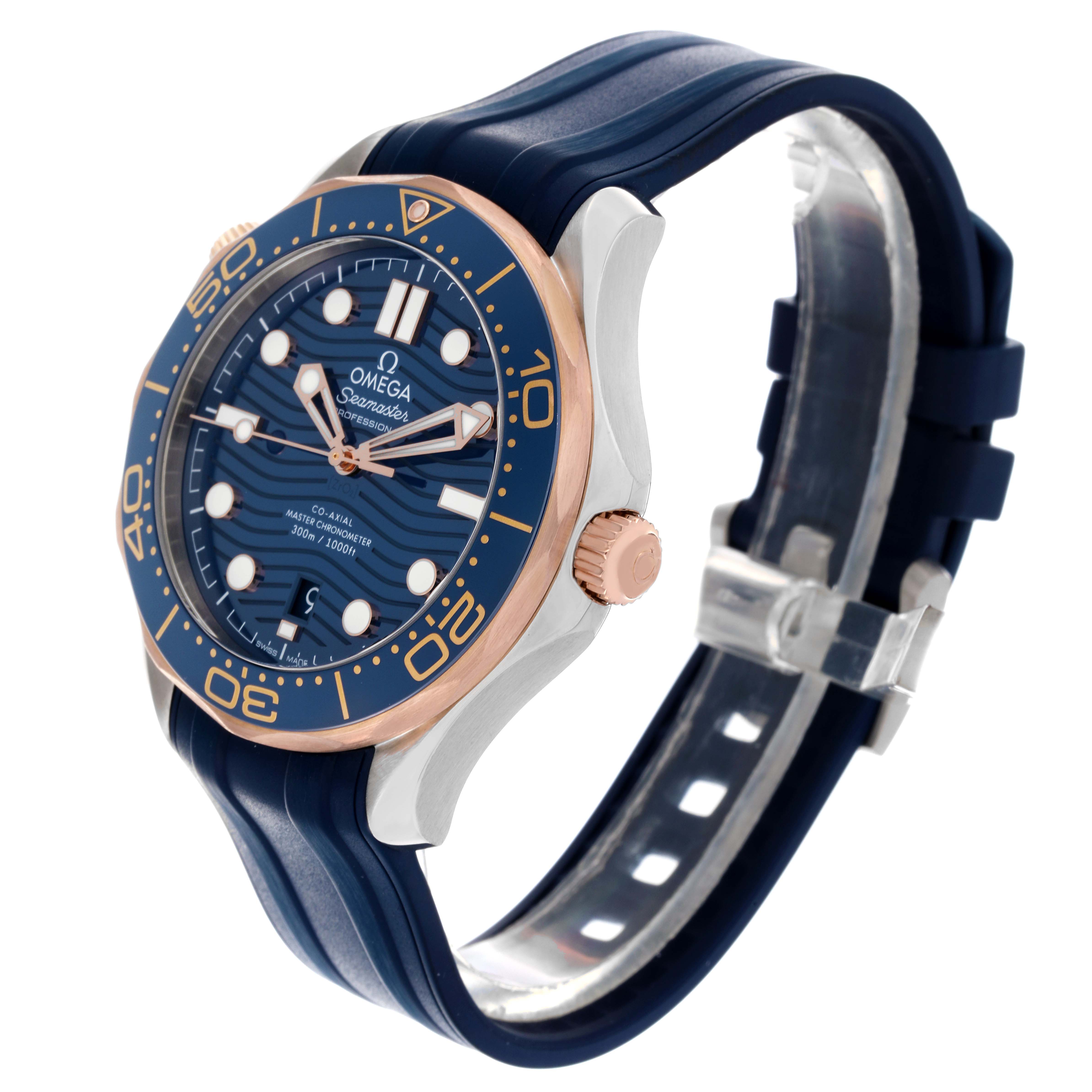 The Omega Seamaster 210.22.42.20.03.002 Men's Steel and Gold (two tone) Blue Dial 210.22.42.20.03.002 Men's Steel and Gold (two tone) Blue Dial watch is shown at an angle highlighting the face, bezel, crown, and part of the strap.