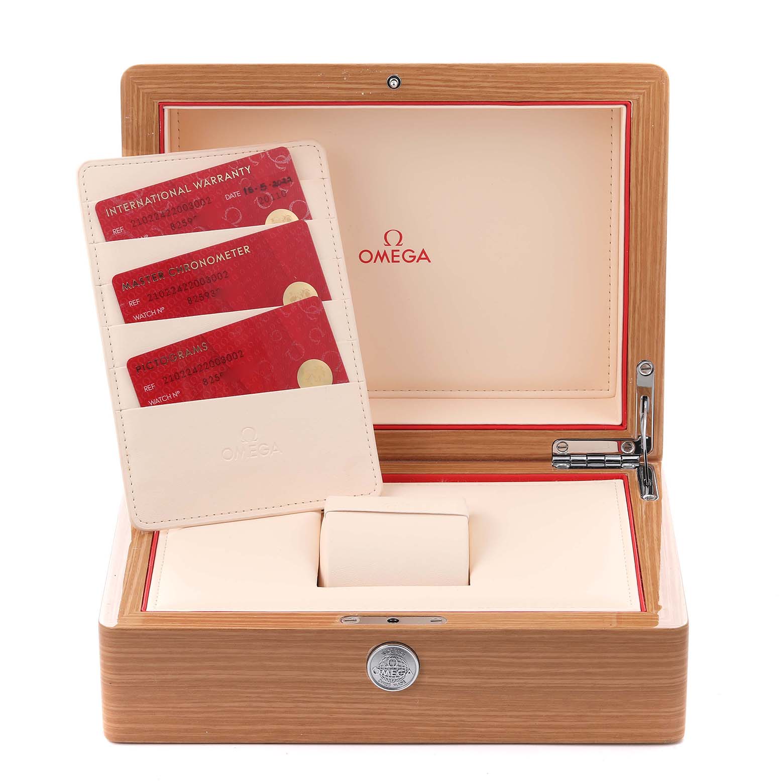 The image shows an open Omega Seamaster 210.22.42.20.03.002 Men's Steel and Gold (two tone) Blue Dial 210.22.42.20.03.002 Men's Steel and Gold (two tone) Blue Dial watch box with warranty cards and a display cushion.