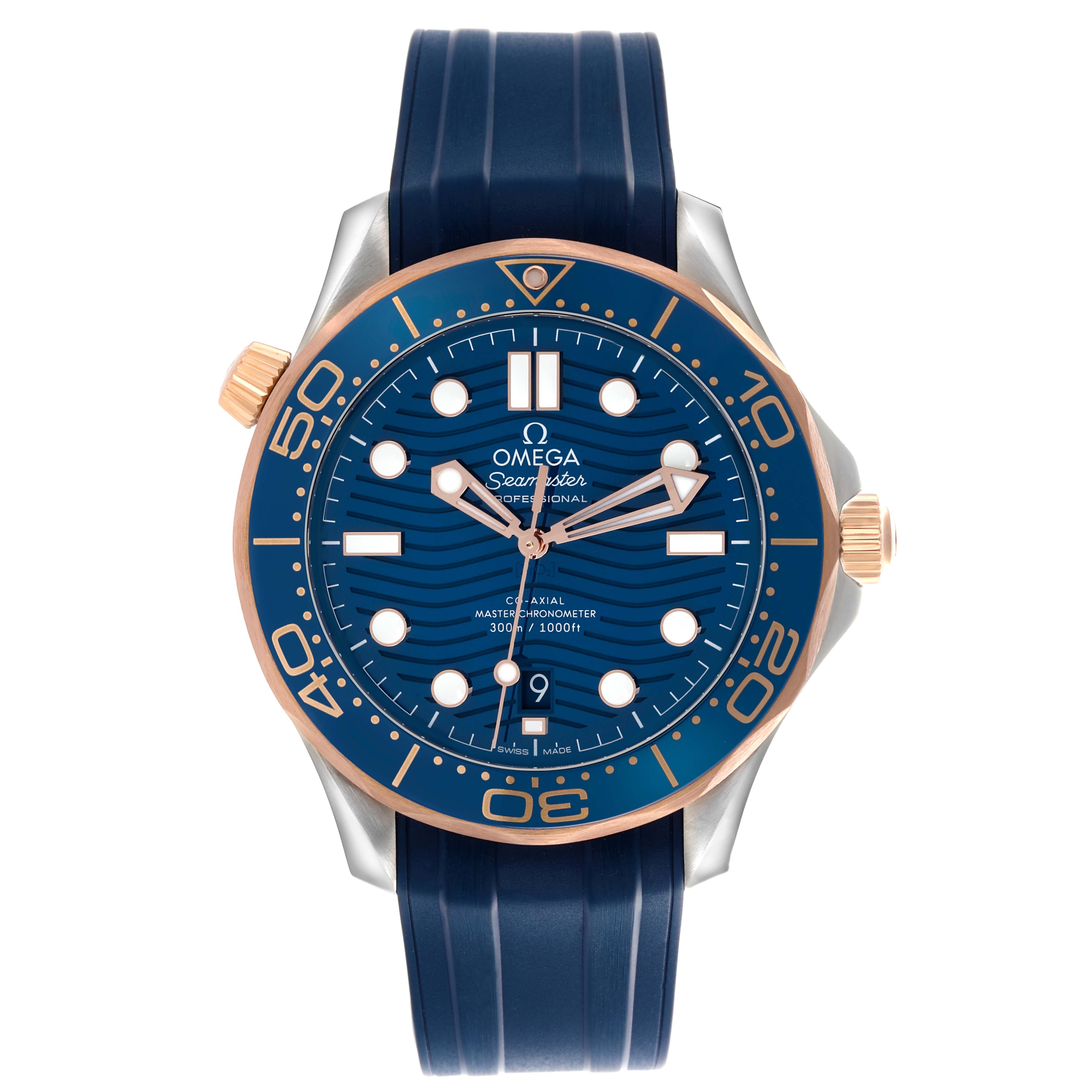 The Omega Seamaster 210.22.42.20.03.002 Men's Steel and Gold (two tone) Blue Dial 210.22.42.20.03.002 Men's Steel and Gold (two tone) Blue Dial watch is shown from a front view, highlighting the blue dial, bezel, and rubber strap.