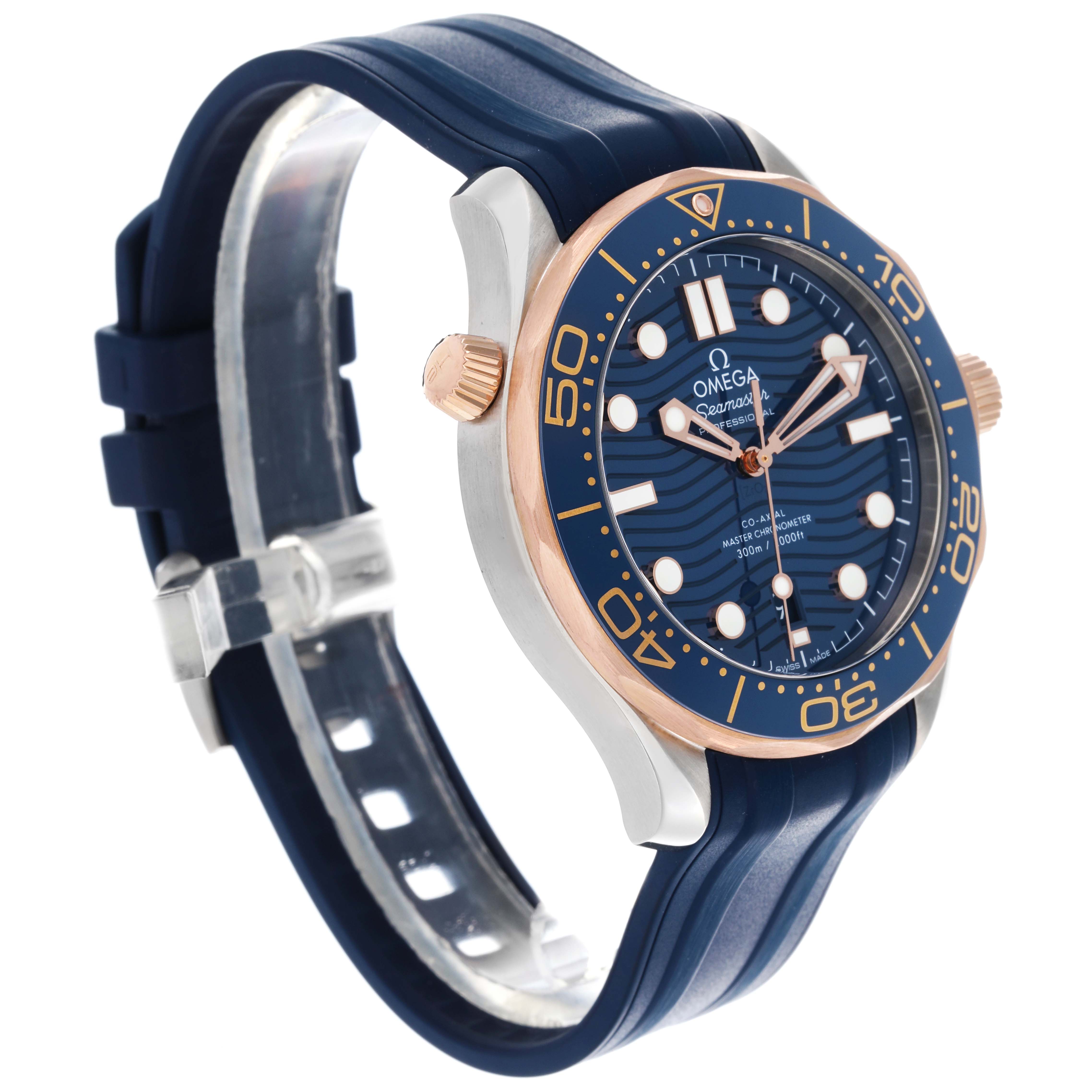 The Omega Seamaster 210.22.42.20.03.002 Men's Steel and Gold (two tone) Blue Dial 210.22.42.20.03.002 Men's Steel and Gold (two tone) Blue Dial watch is shown at a three-quarter angle, highlighting its blue bezel, dial, and strap.