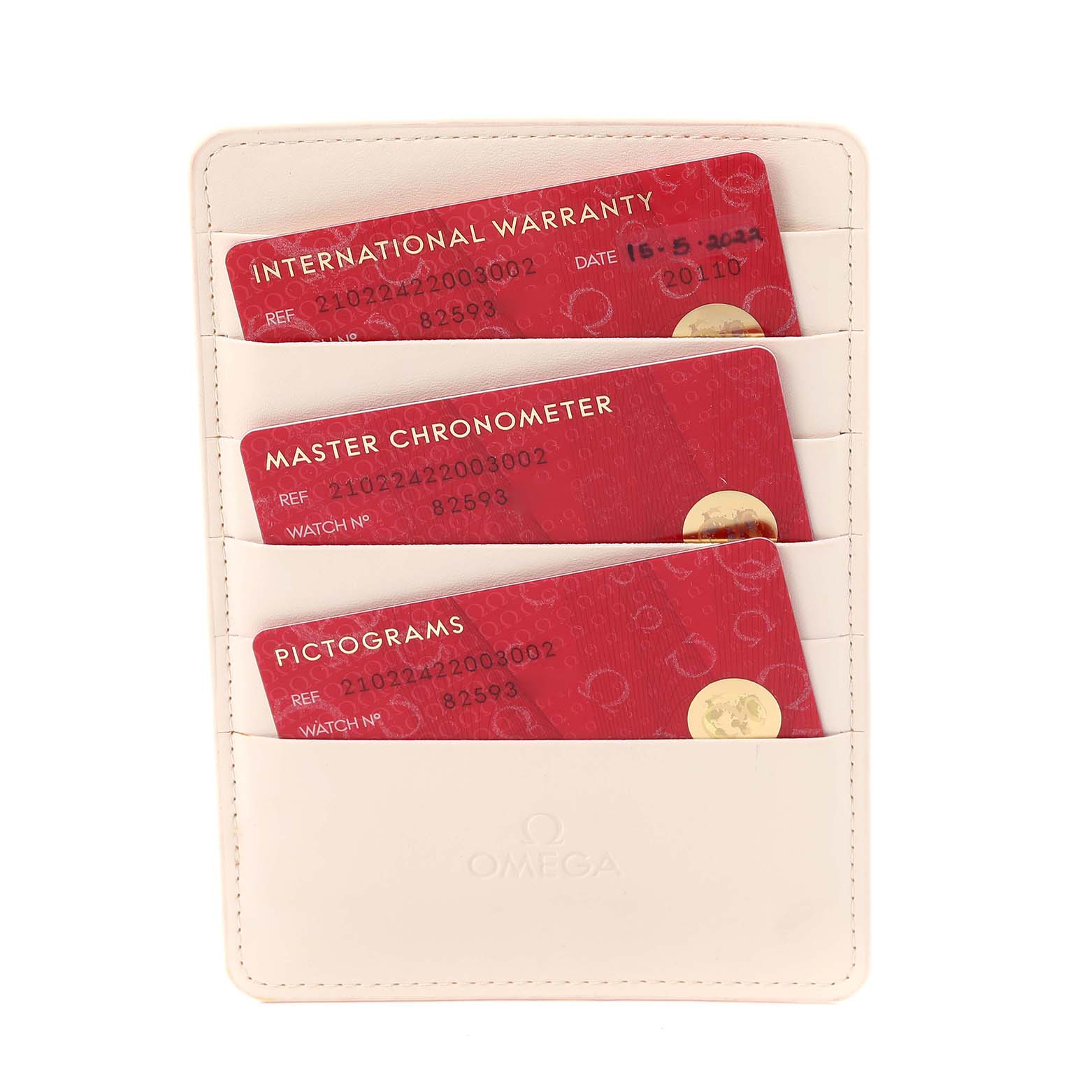 The image shows an Omega Seamaster 210.22.42.20.03.002 Men's Steel and Gold (two tone) Blue Dial 210.22.42.20.03.002 Men's Steel and Gold (two tone) Blue Dial cardholder with International Warranty, Master Chronometer, and Pictograms cards.