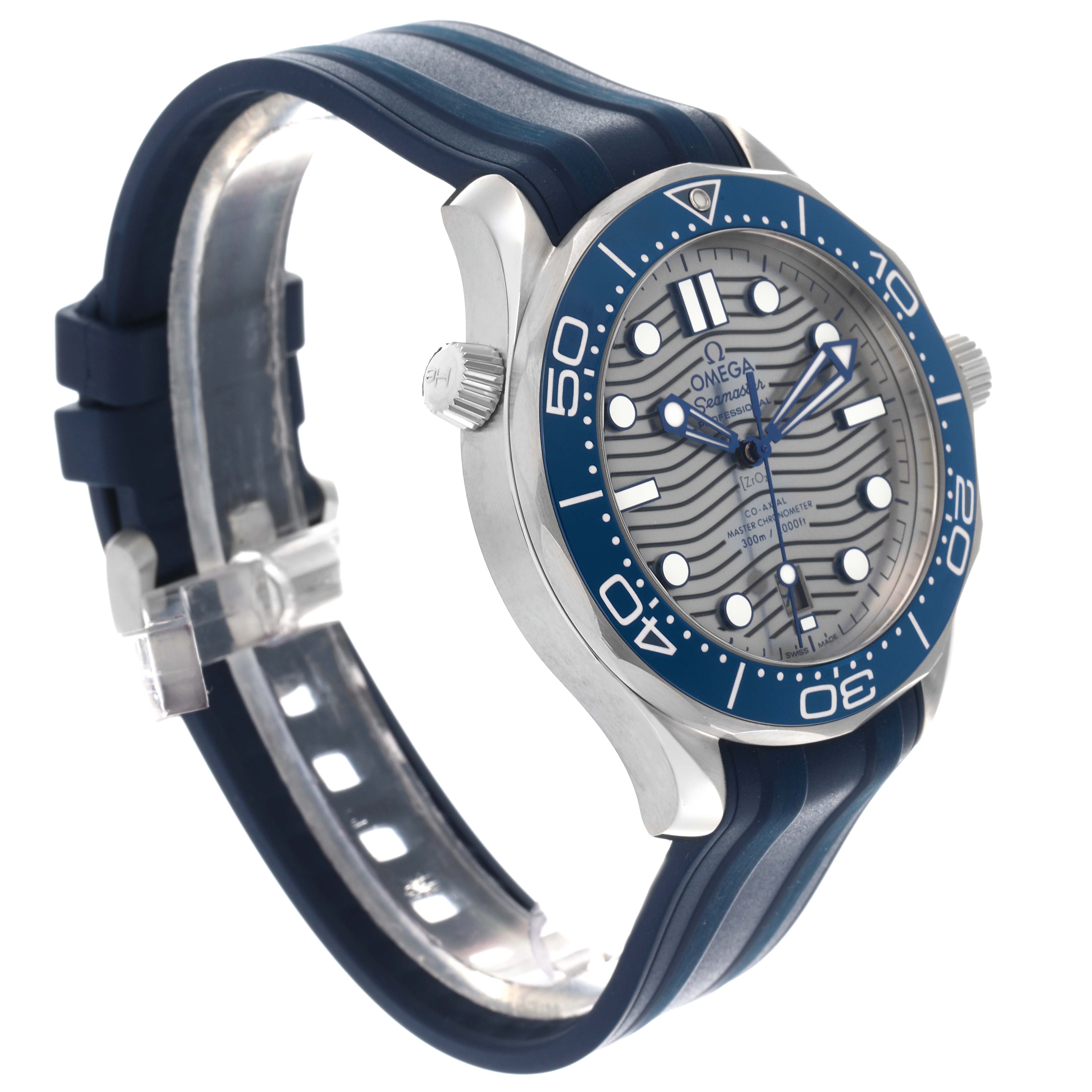 The Omega Seamaster 210.32.42.20.06.001 Men's Stainless Steel Grey Dial 210.32.42.20.06.001 Men's Stainless Steel Grey Dial watch is shown at a three-quarter angle, highlighting the dial, bezel, and blue rubber strap.