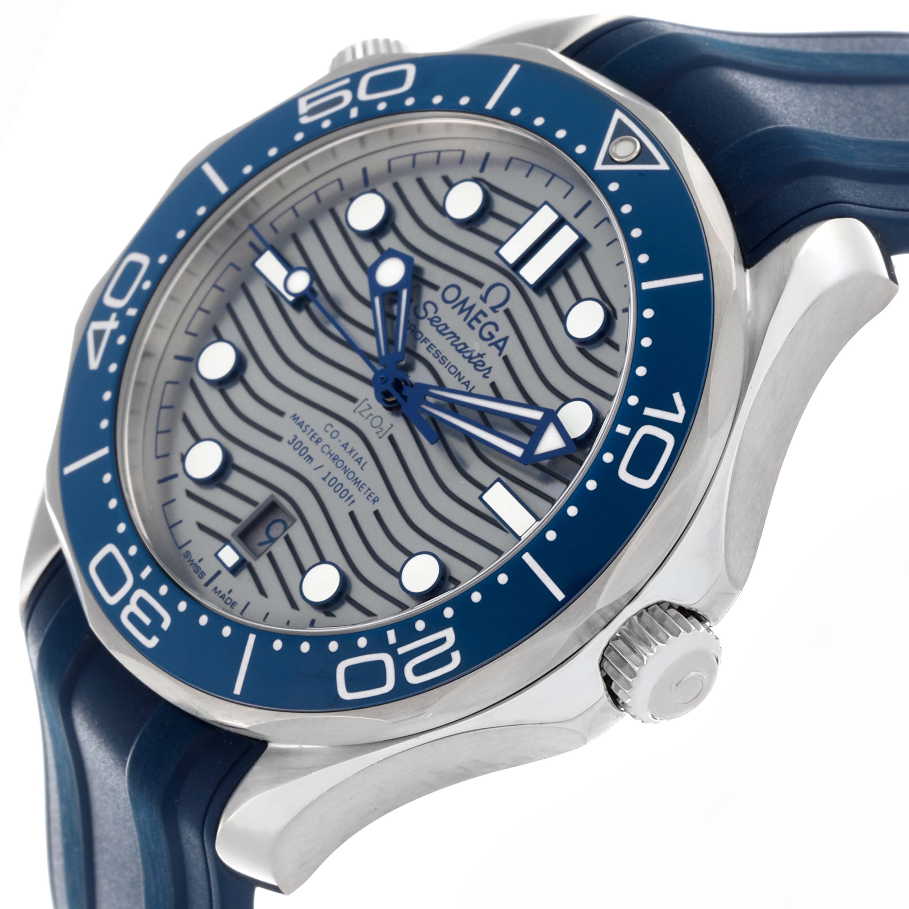 The Omega Seamaster 210.32.42.20.06.001 Men's Stainless Steel Grey Dial 210.32.42.20.06.001 Men's Stainless Steel Grey Dial watch is shown at an angled side view, highlighting its bezel, face, crown, and strap.