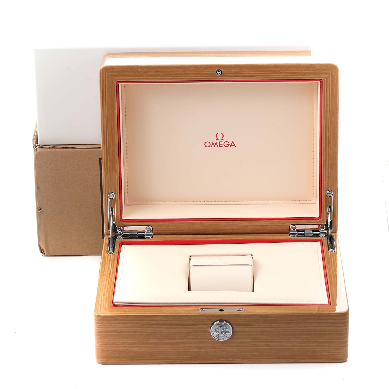 The image shows the Omega Seamaster 210.32.42.20.06.001 Men's Stainless Steel Grey Dial 210.32.42.20.06.001 Men's Stainless Steel Grey Dial watch's open wooden display box, viewed from the front, showcasing its interior.