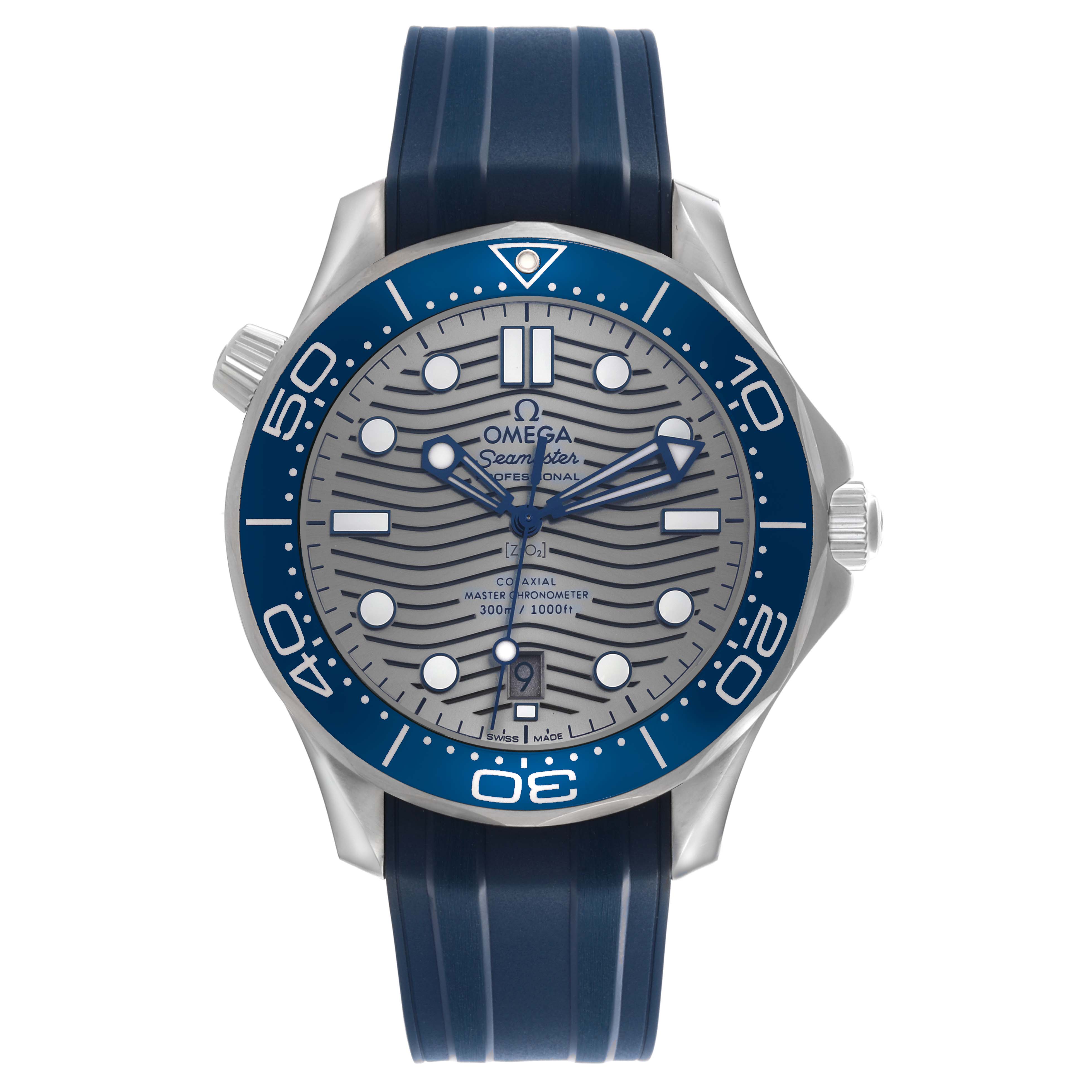 The Omega Seamaster 210.32.42.20.06.001 Men's Stainless Steel Grey Dial 210.32.42.20.06.001 Men's Stainless Steel Grey Dial is shown from a front angle, highlighting the dial, bezel, and rubber strap.