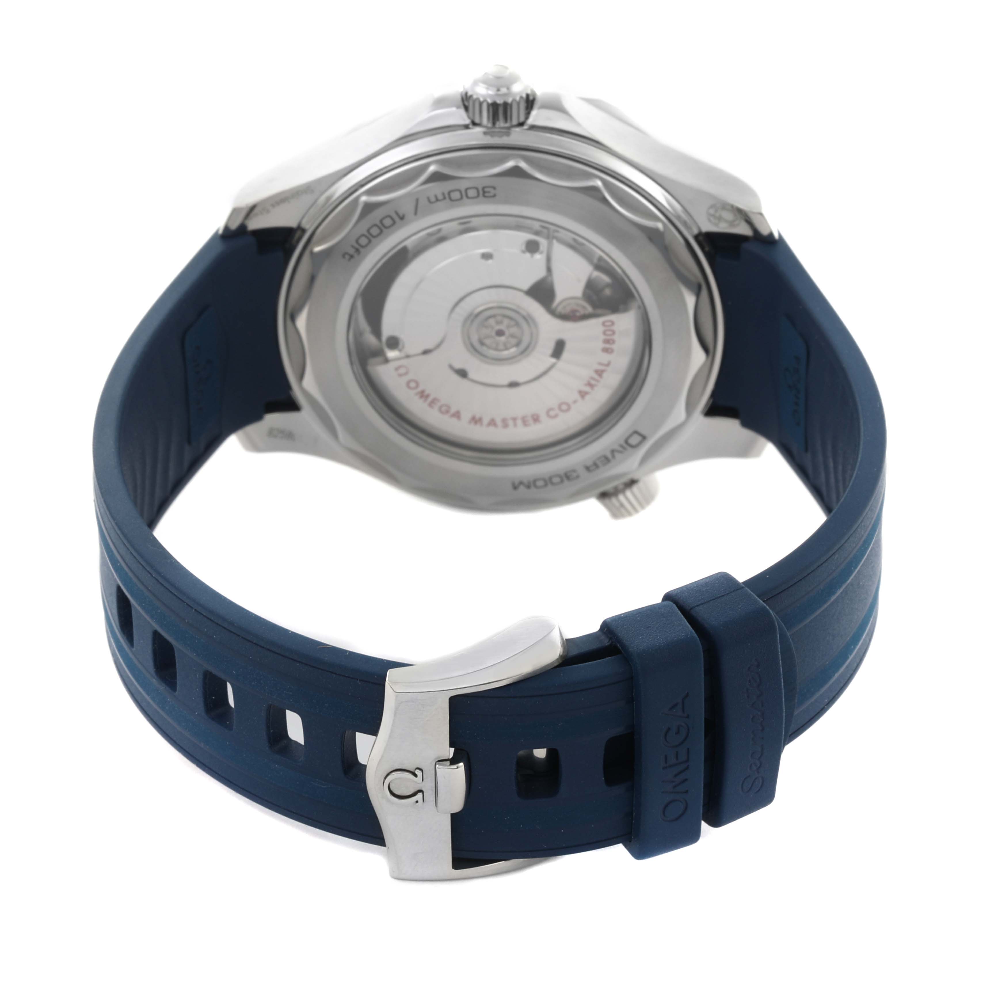 The Omega Seamaster 210.32.42.20.06.001 Men's Stainless Steel Grey Dial 210.32.42.20.06.001 Men's Stainless Steel Grey Dial watch is shown from the back, highlighting its transparent case back and blue rubber strap.