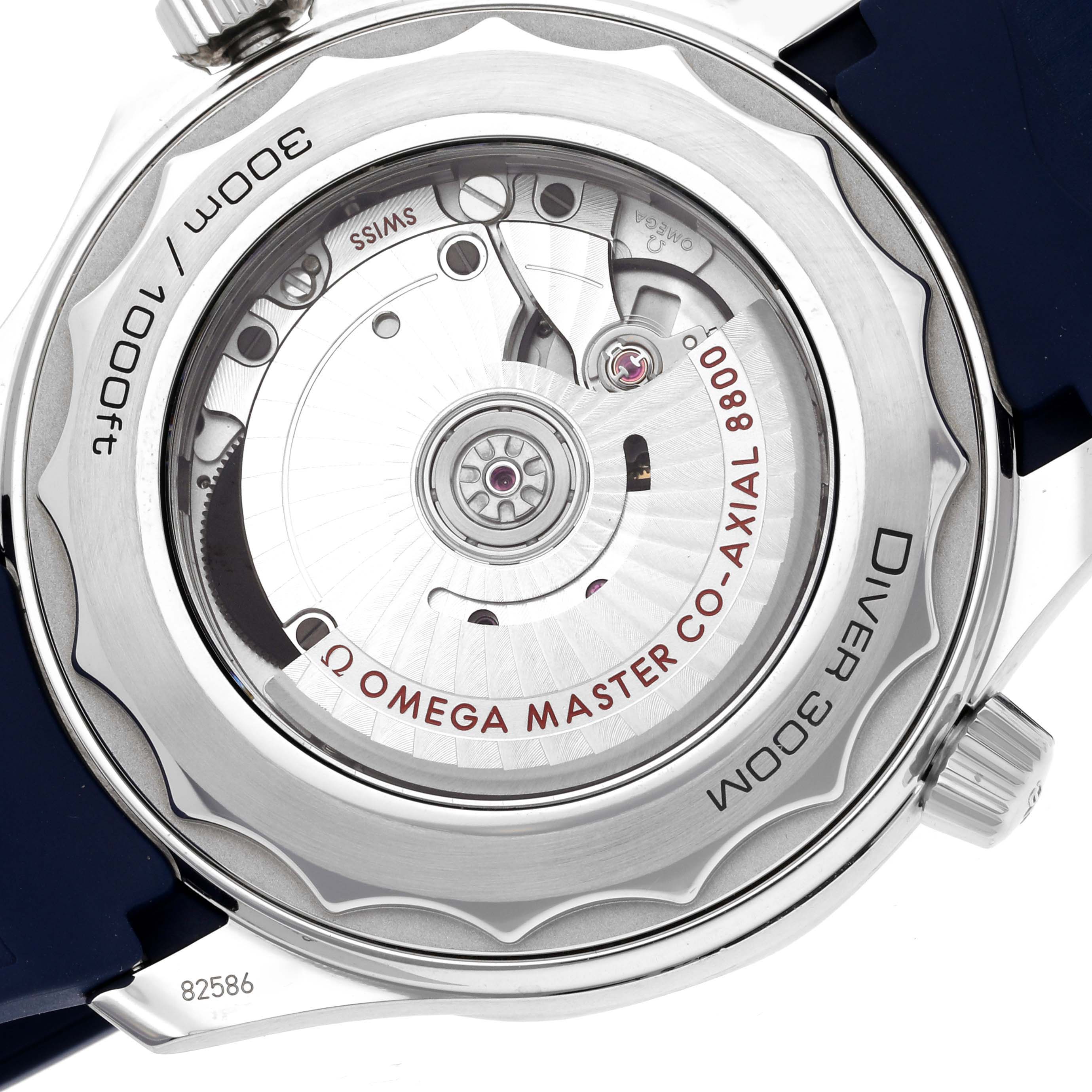 The image shows the back of the Omega Seamaster 210.32.42.20.06.001 Men's Stainless Steel Grey Dial 210.32.42.20.06.001 Men's Stainless Steel Grey Dial, highlighting the exposed movement and rotor.